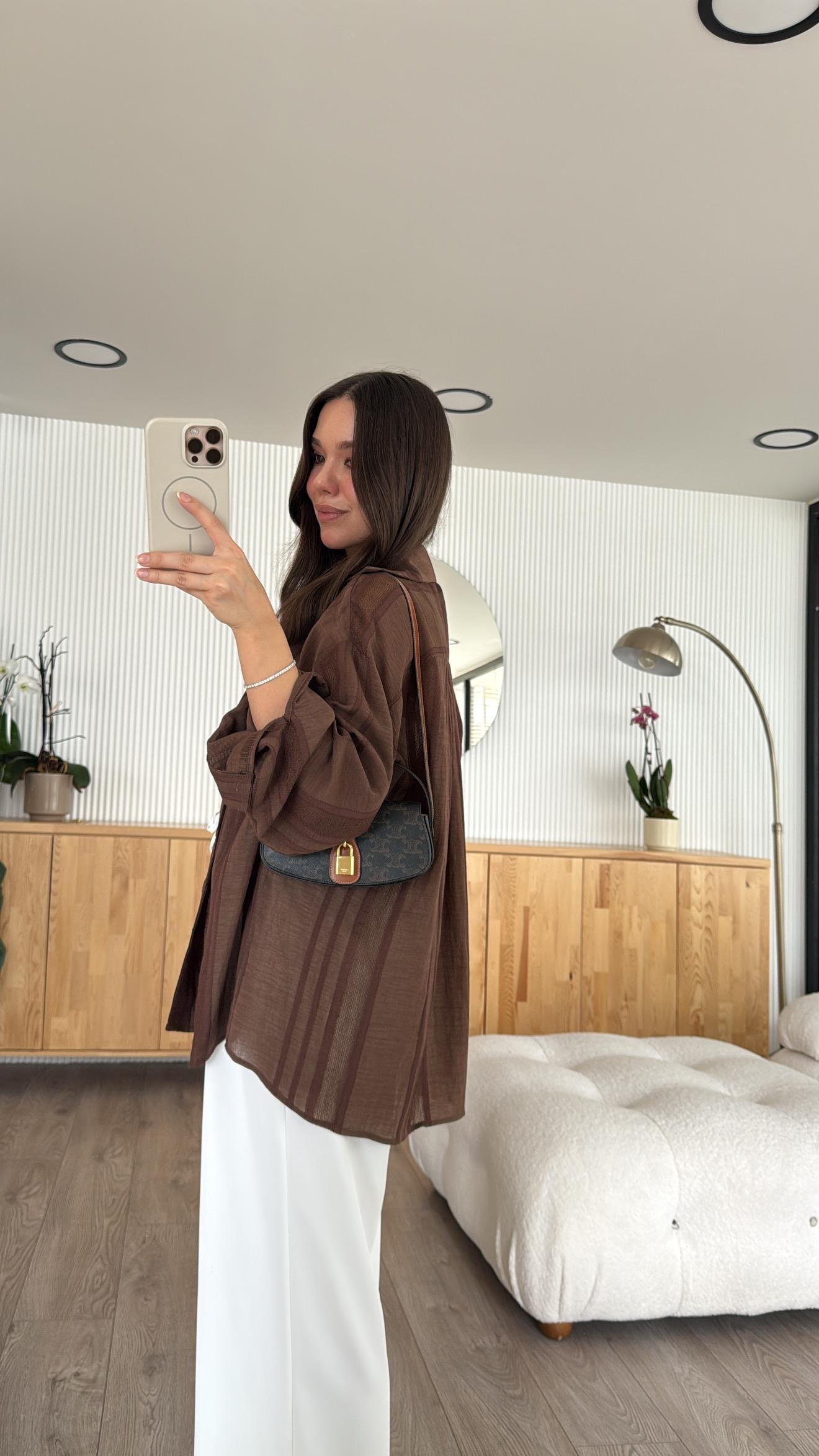 Kahve Kendinden Desenli Transparan Gömlek