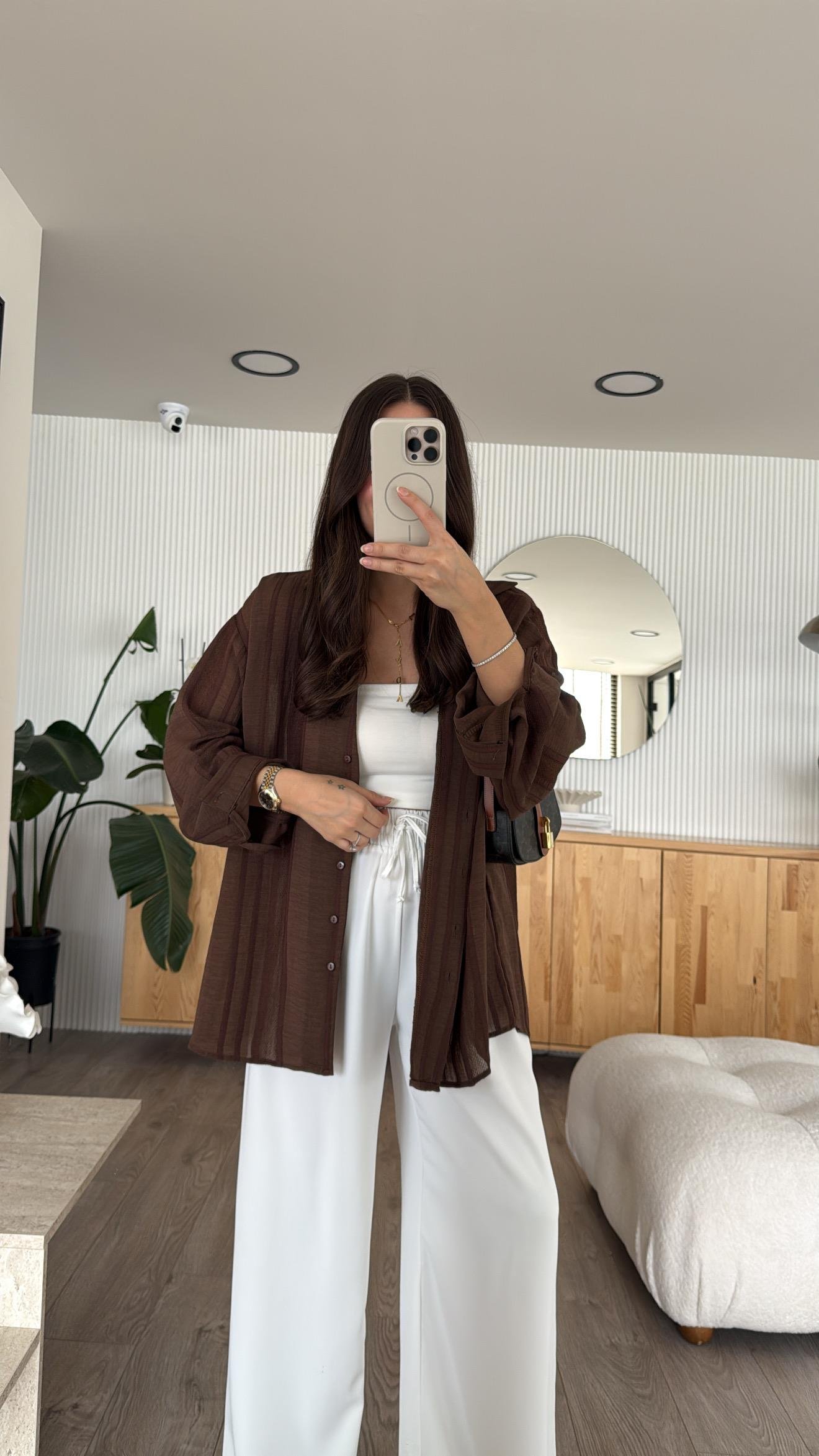 Kahve Kendinden Desenli Transparan Gömlek