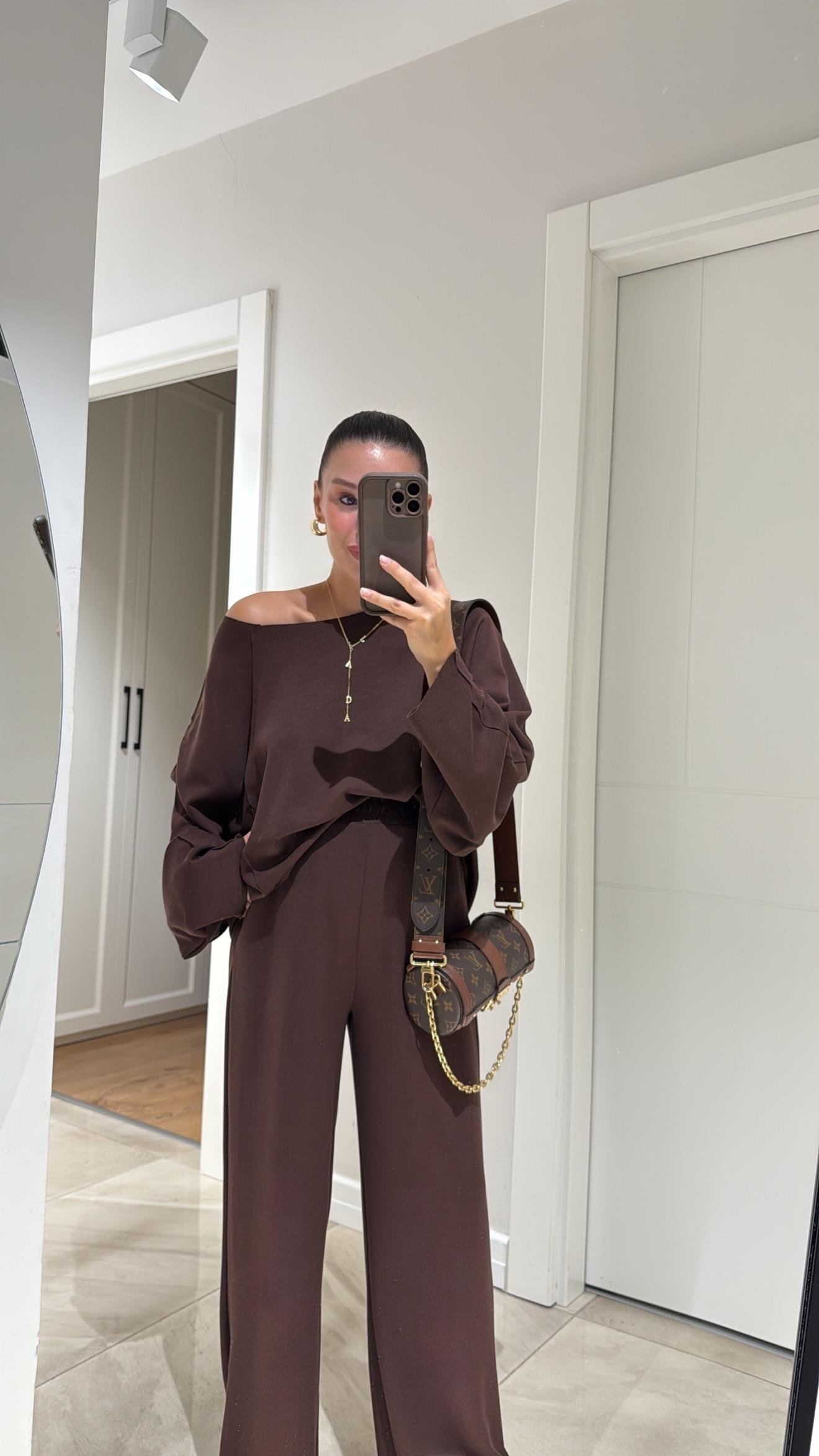 Kahve Kesik Detaylı Sweat Modal Takım