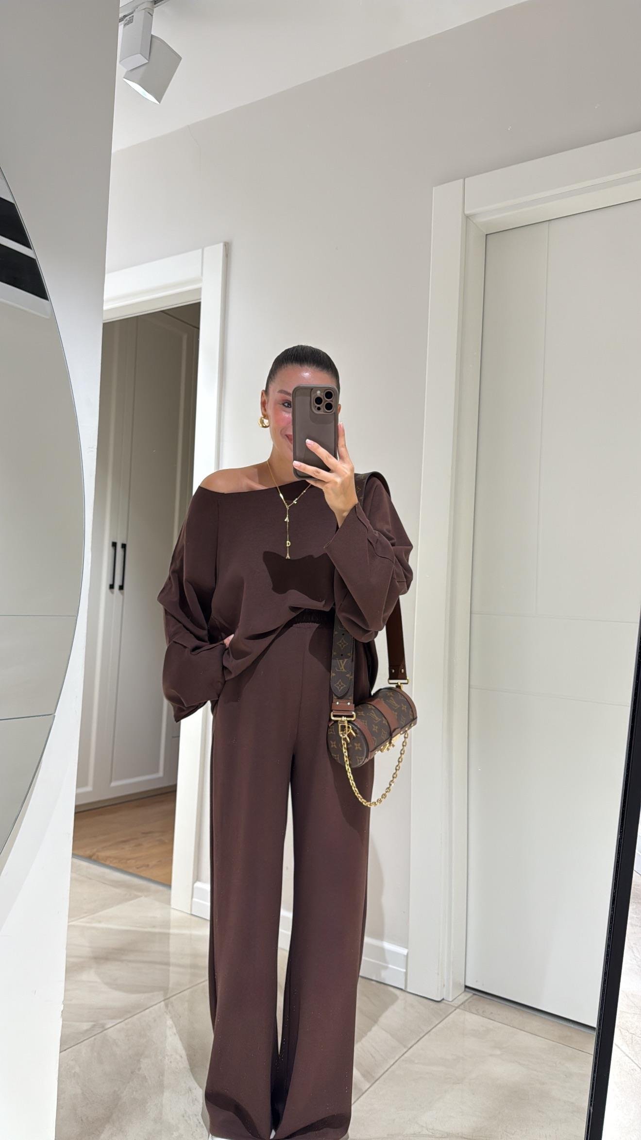 Kahve Kesik Detaylı Sweat Modal Takım