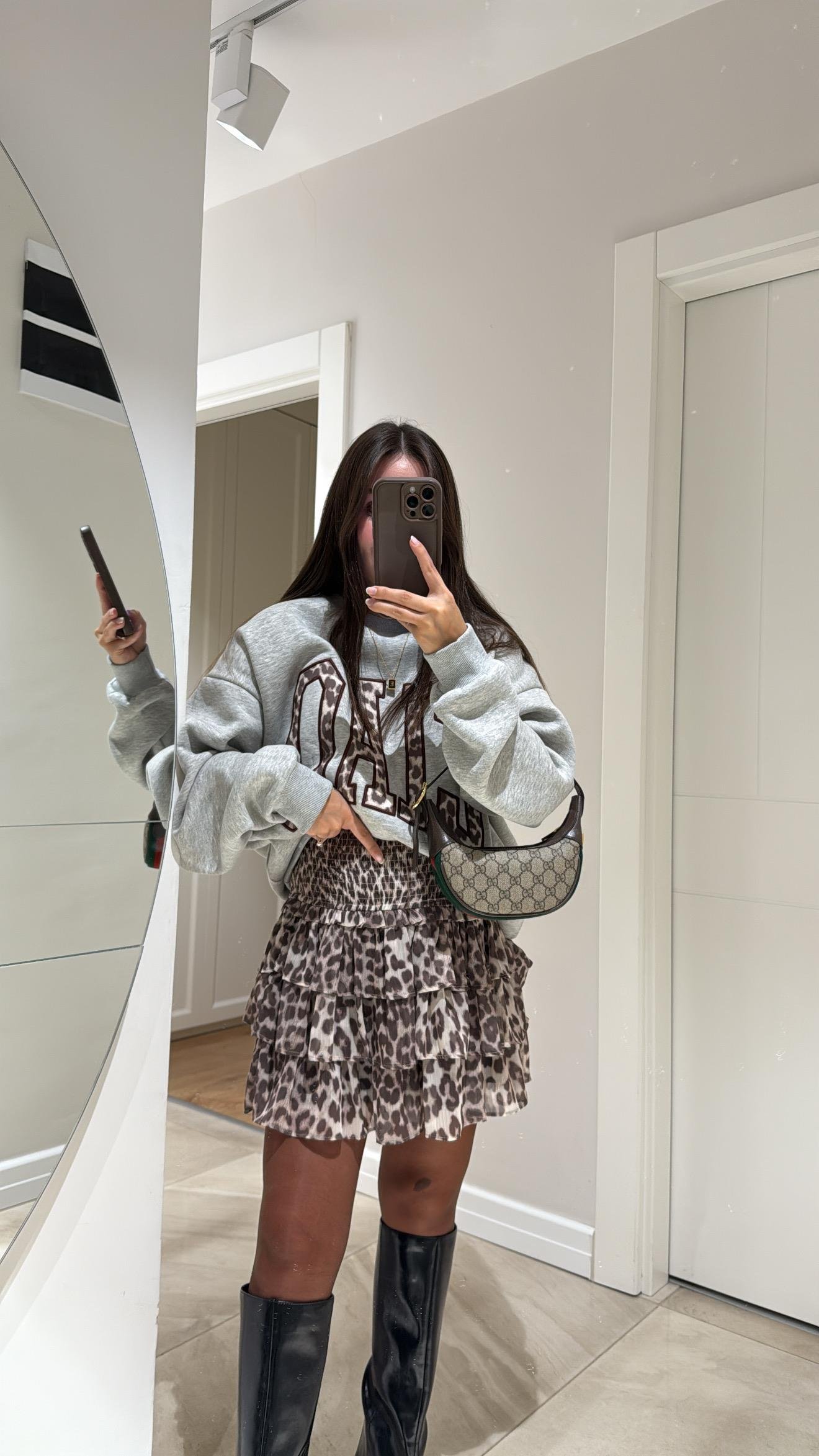 Kahve Leopar Desen Şifon Etek