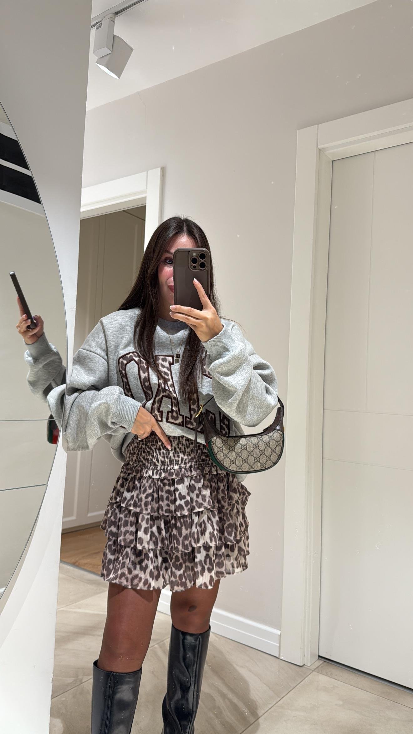 Kahve Leopar Desen Şifon Etek