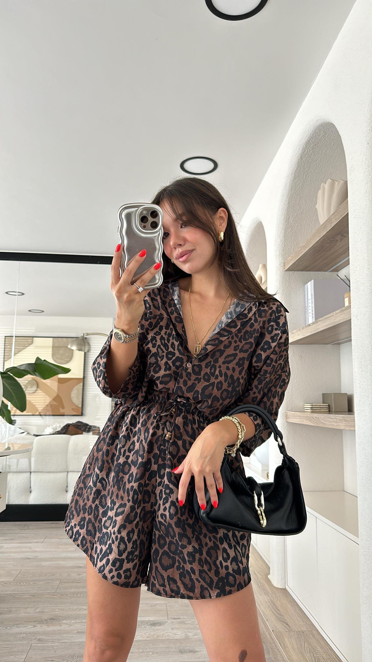 Kahve Leopar Desen Şort Takım 