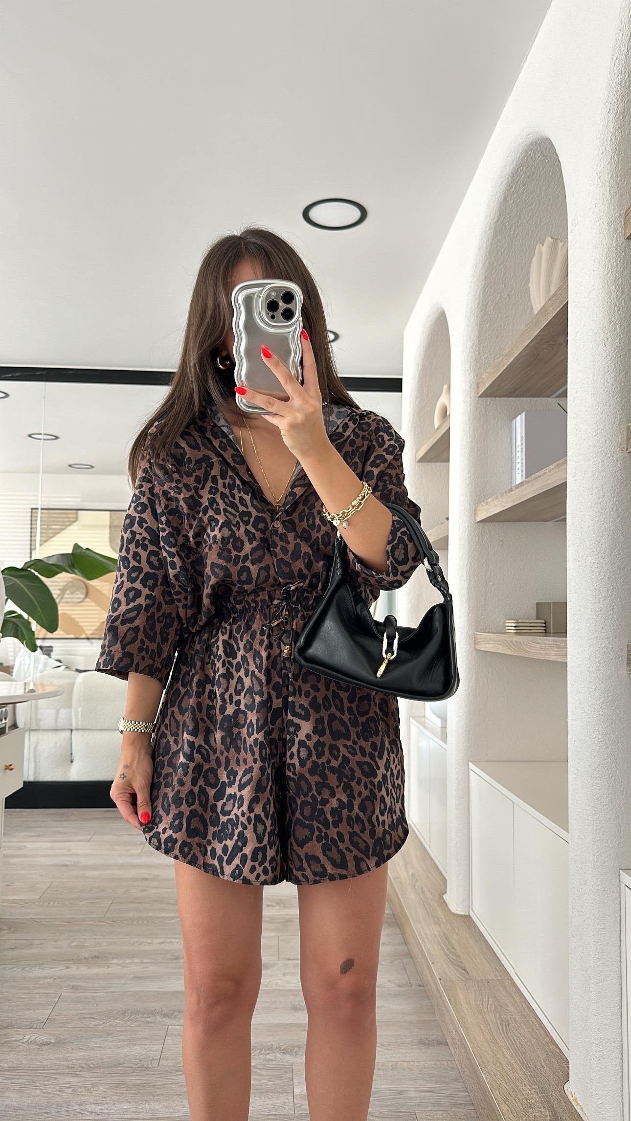 Kahve Leopar Desen Şort Takım 