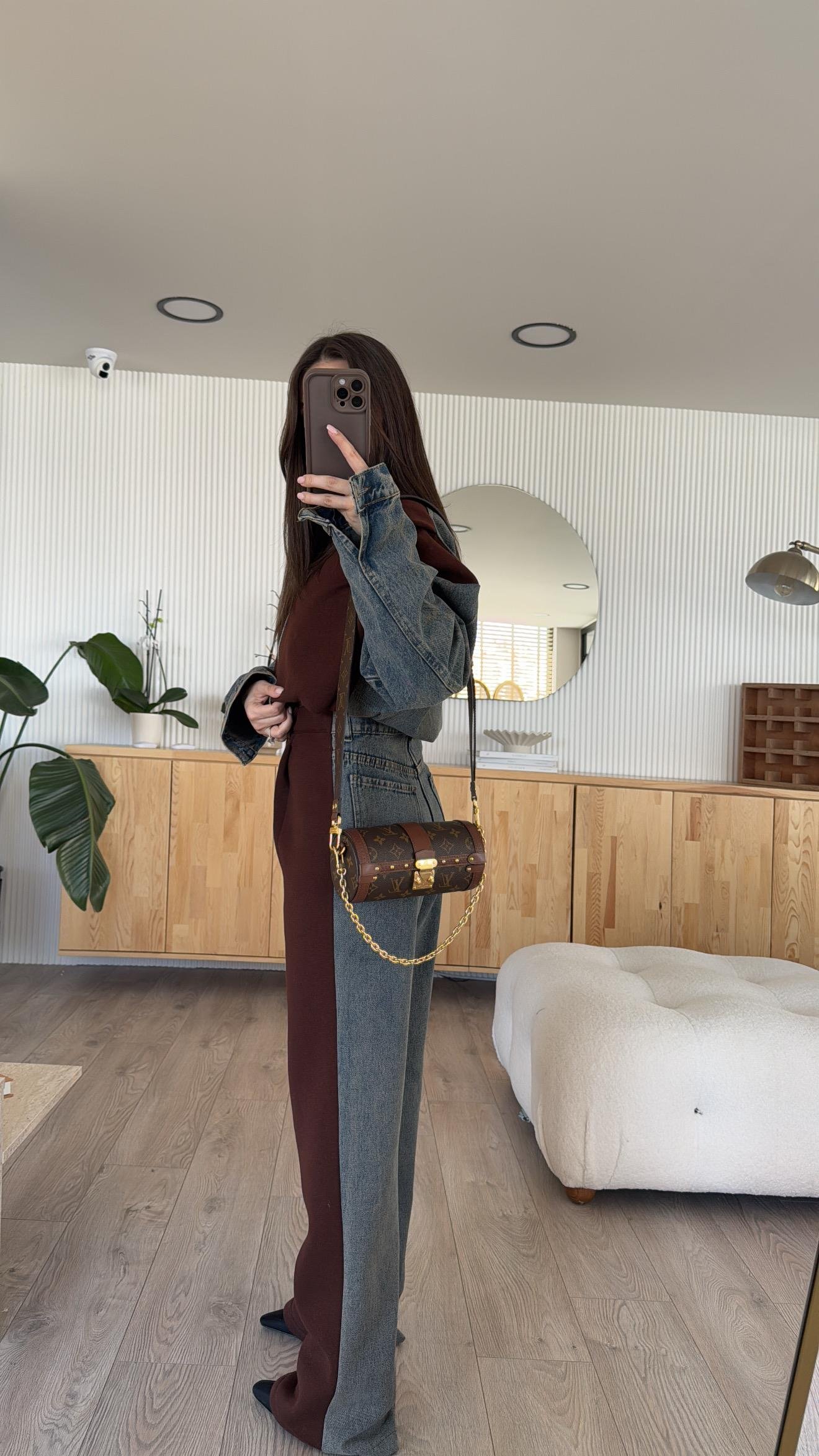 Kahve Ön Fermuarlı Garnili Denim Takım 