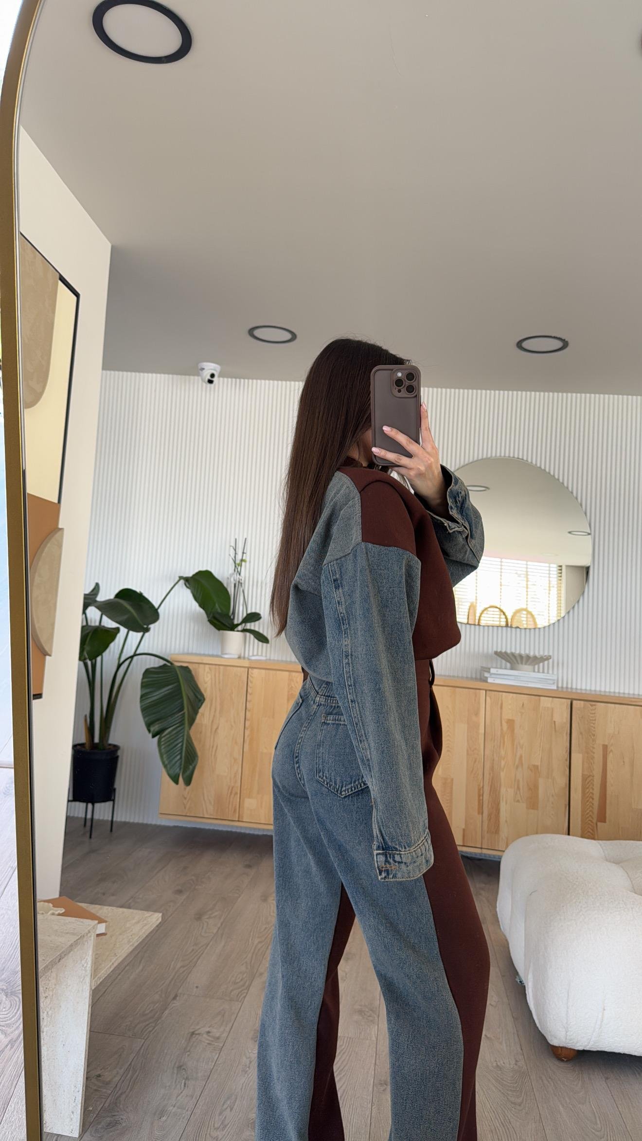 Kahve Ön Fermuarlı Garnili Denim Takım 