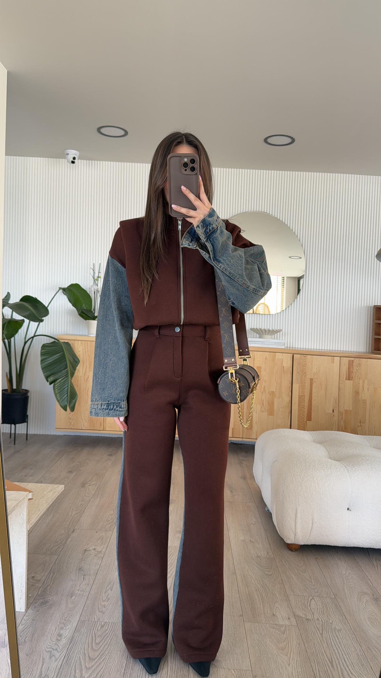 Kahve Ön Fermuarlı Garnili Denim Takım 