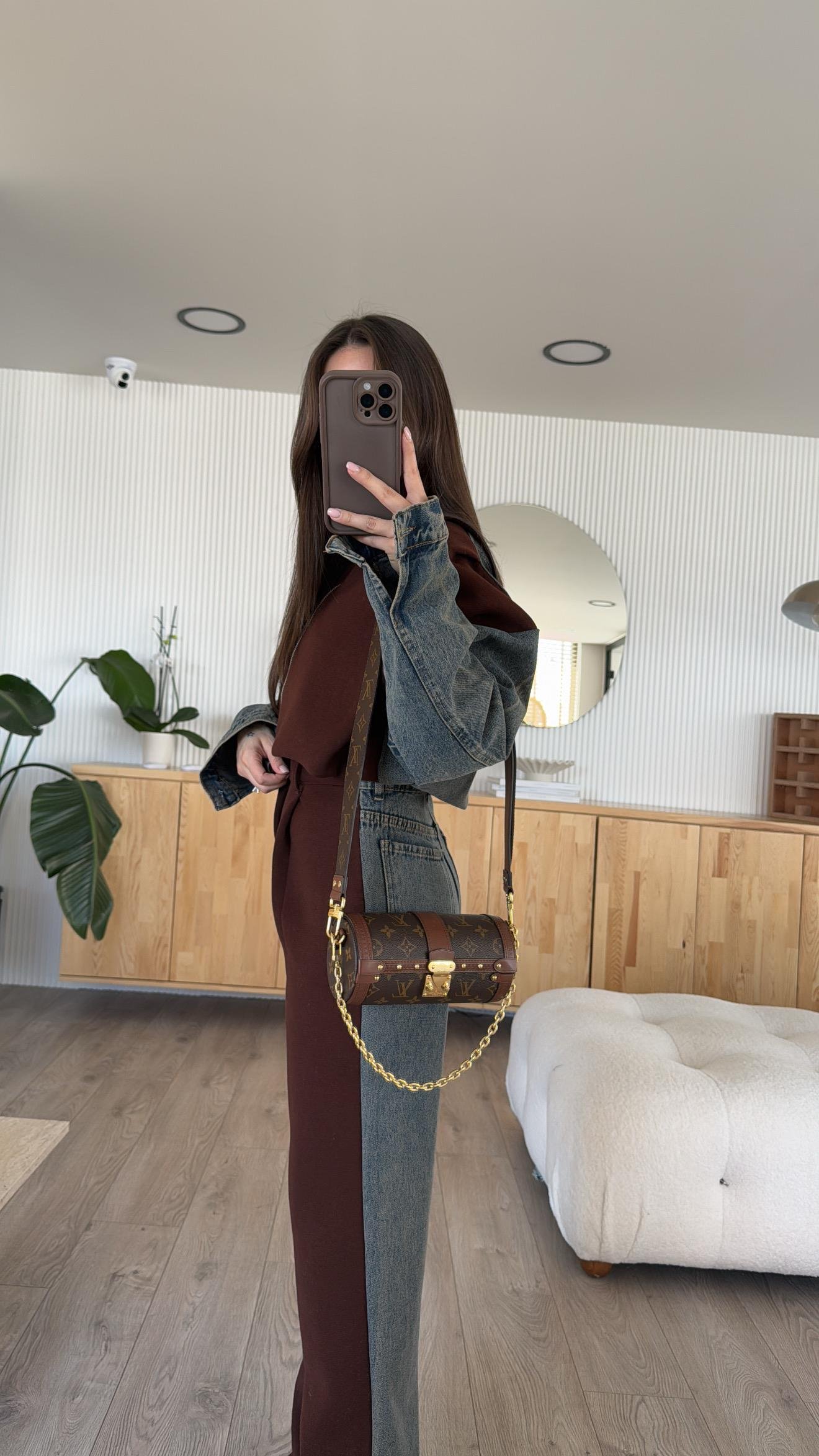 Kahve Ön Fermuarlı Garnili Denim Takım 