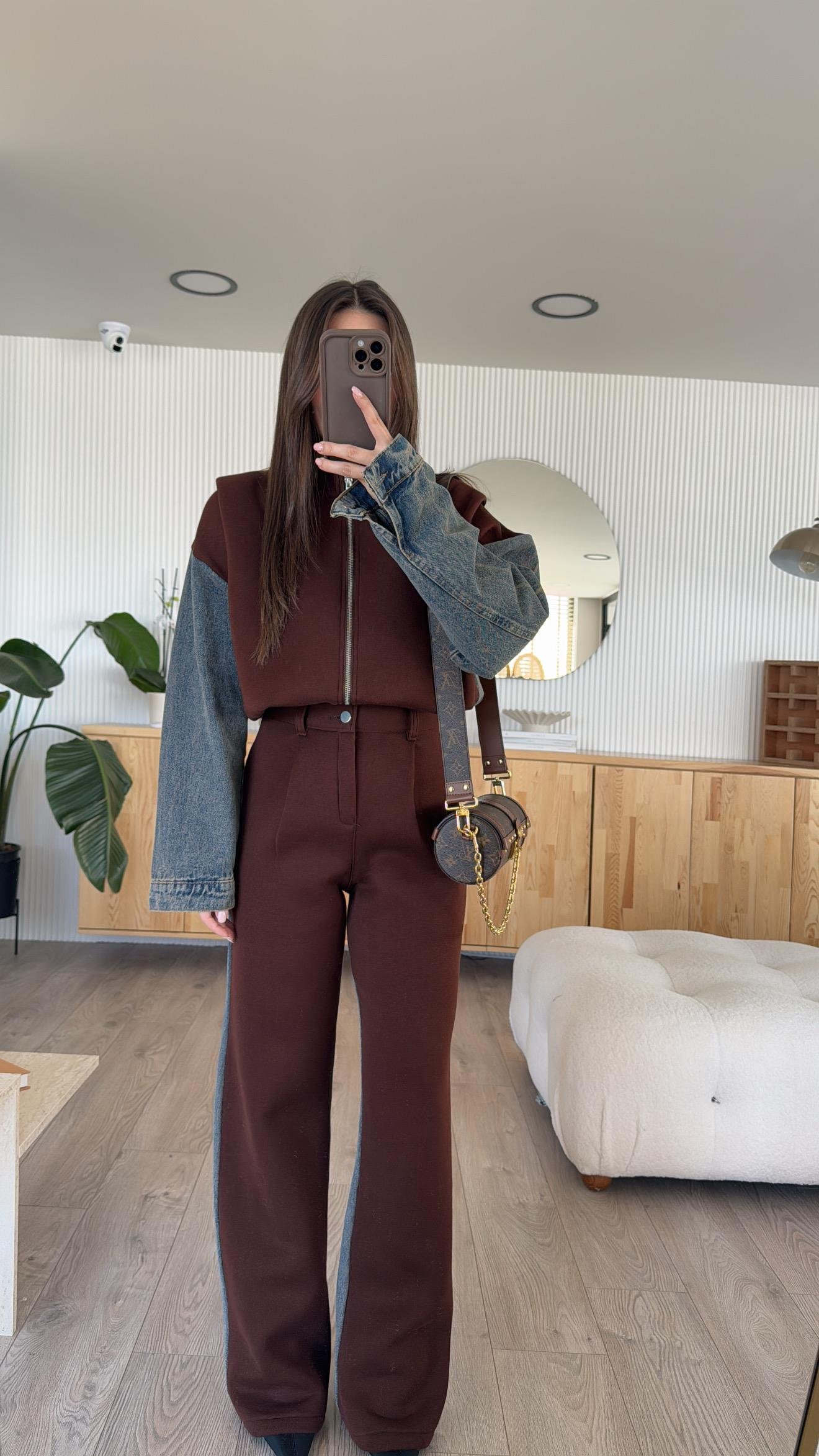 Kahve Ön Fermuarlı Garnili Denim Takım 