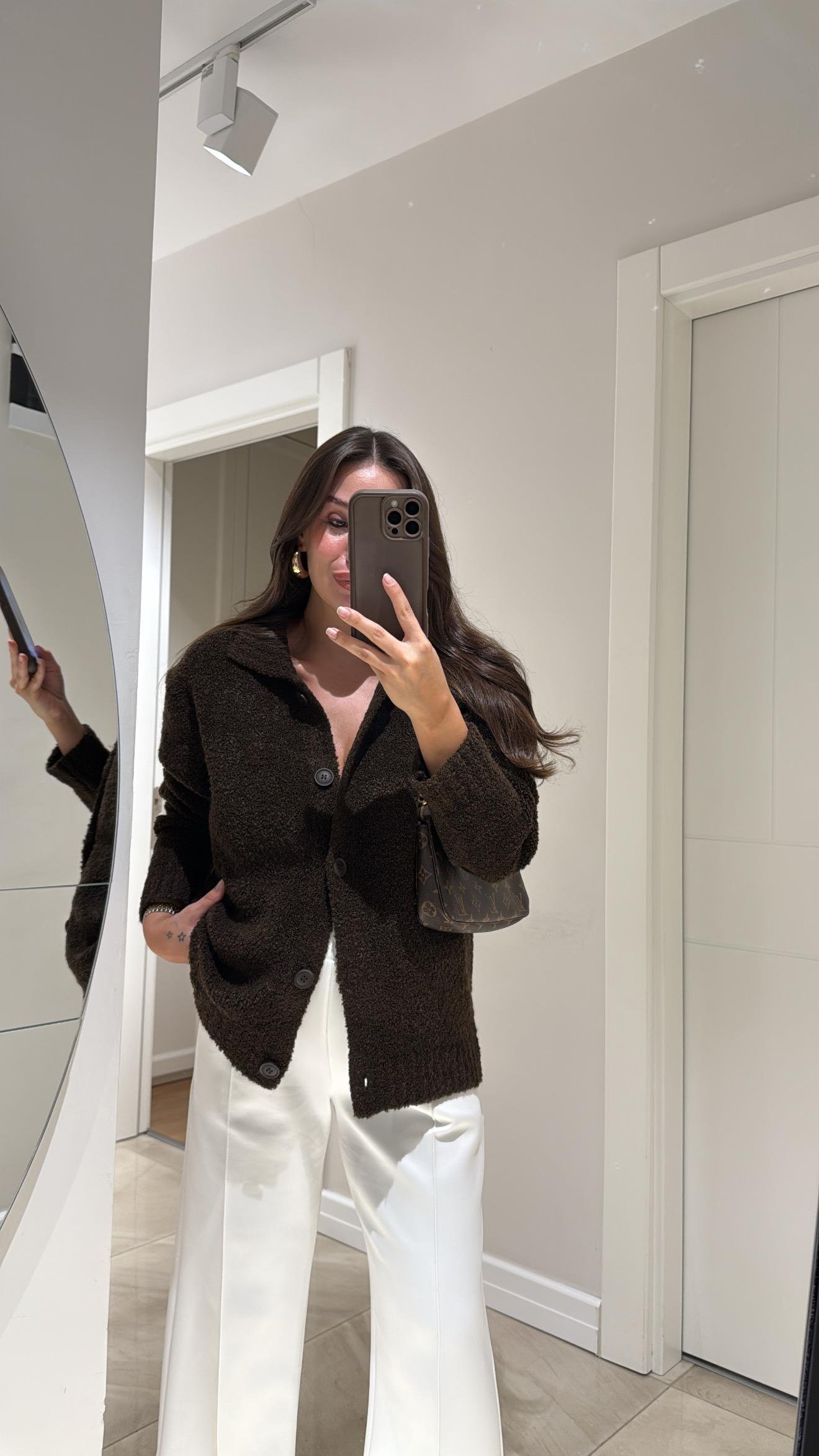 Kahve Polo Yaka Düğmeli Buklet Hırka 