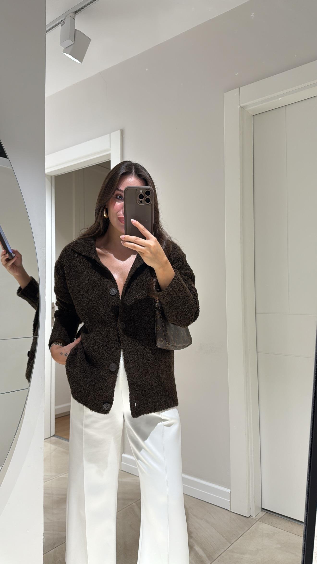 Kahve Polo Yaka Düğmeli Buklet Hırka 