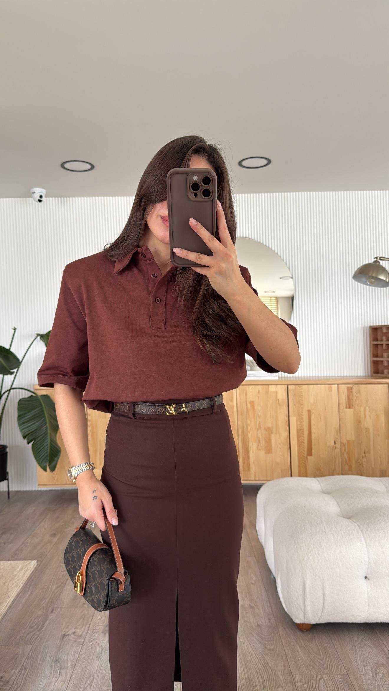 Kahve Polo Yaka Vatkalı Tshirt