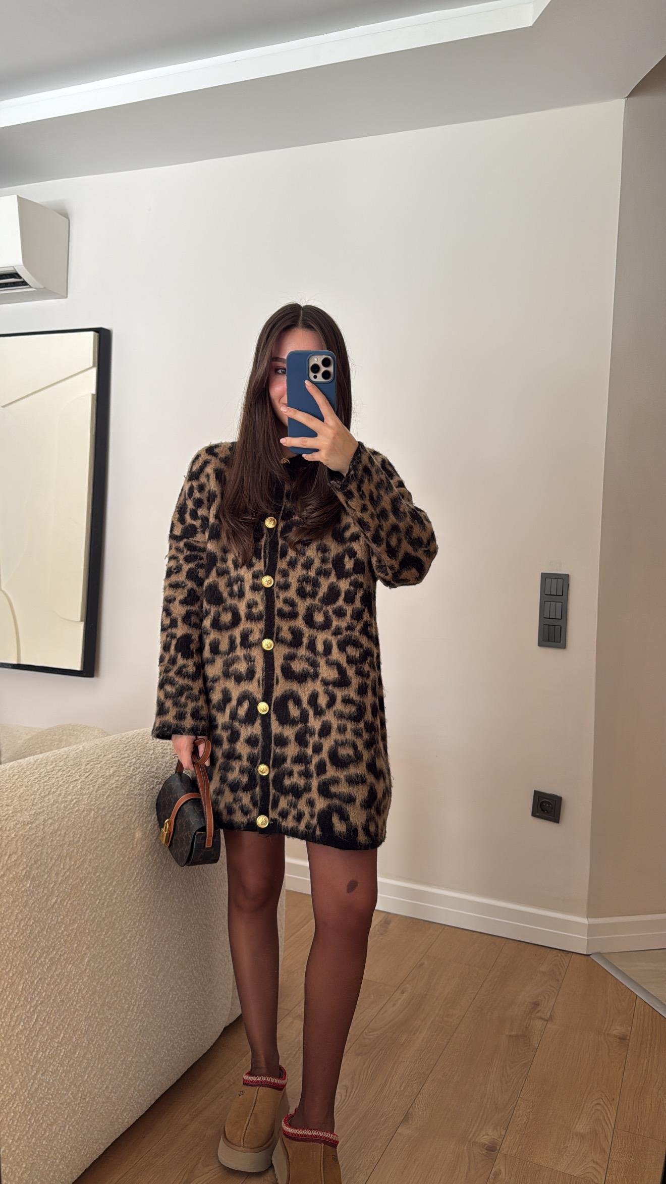 Kahve Siyah Leoparlı Gold Düğmeli Sakallı Hırka 