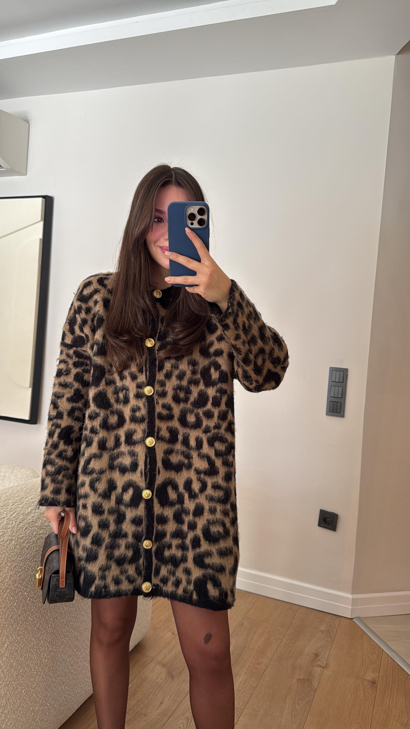 Kahve Siyah Leoparlı Gold Düğmeli Sakallı Hırka 