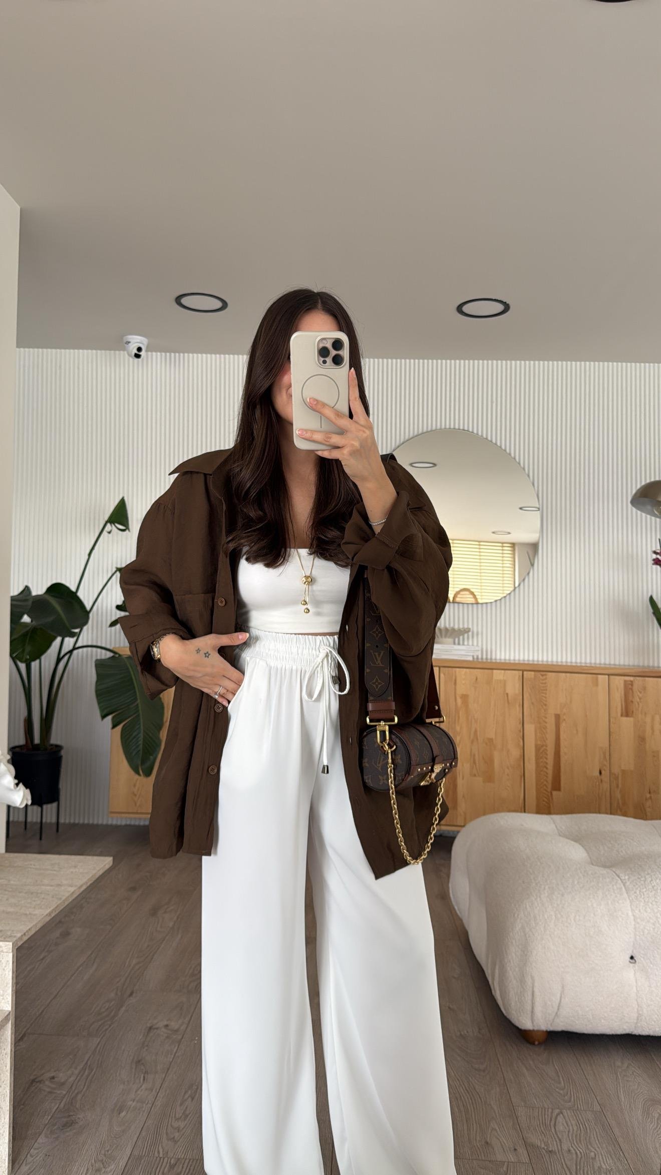 Kahve Tensel Kumaş Düşük Omuzlu Oversize Gömlek