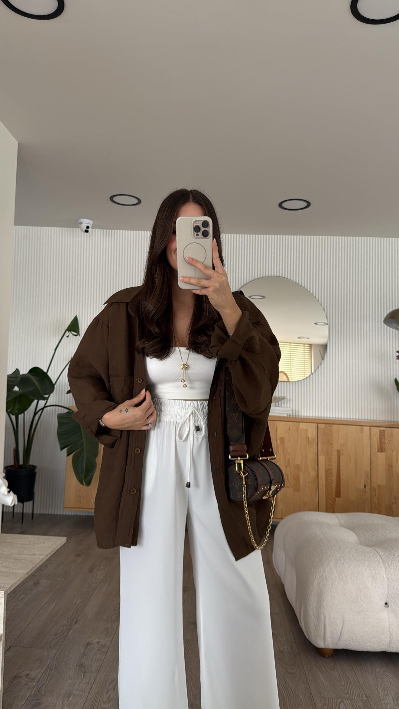 Kahve Tensel Kumaş Düşük Omuzlu Oversize Gömlek