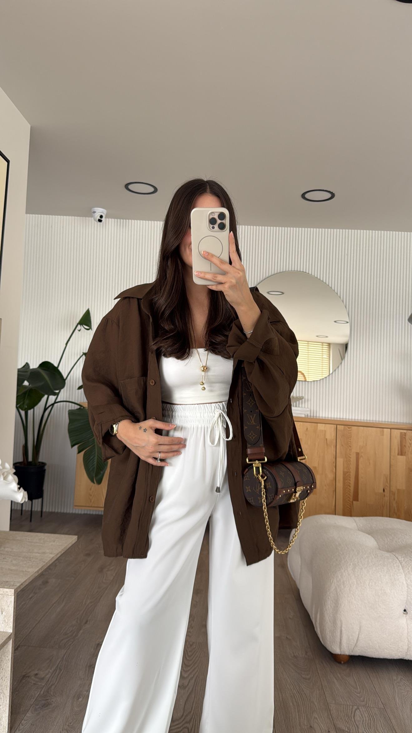 Kahve Tensel Kumaş Düşük Omuzlu Oversize Gömlek