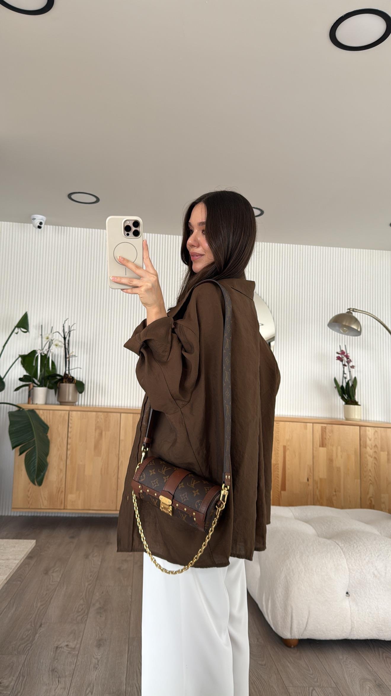 Kahve Tensel Kumaş Düşük Omuzlu Oversize Gömlek