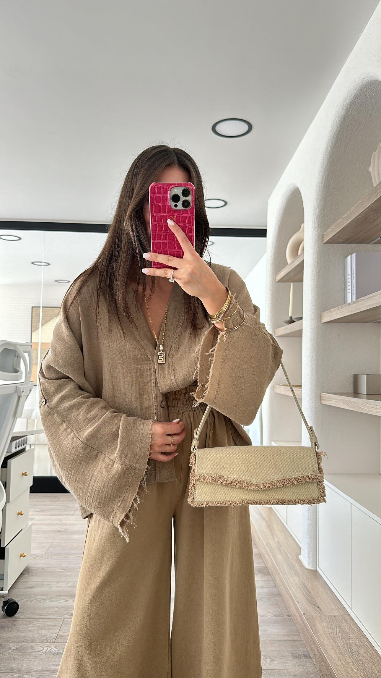 Kahve V Yaka Müslin Ceket