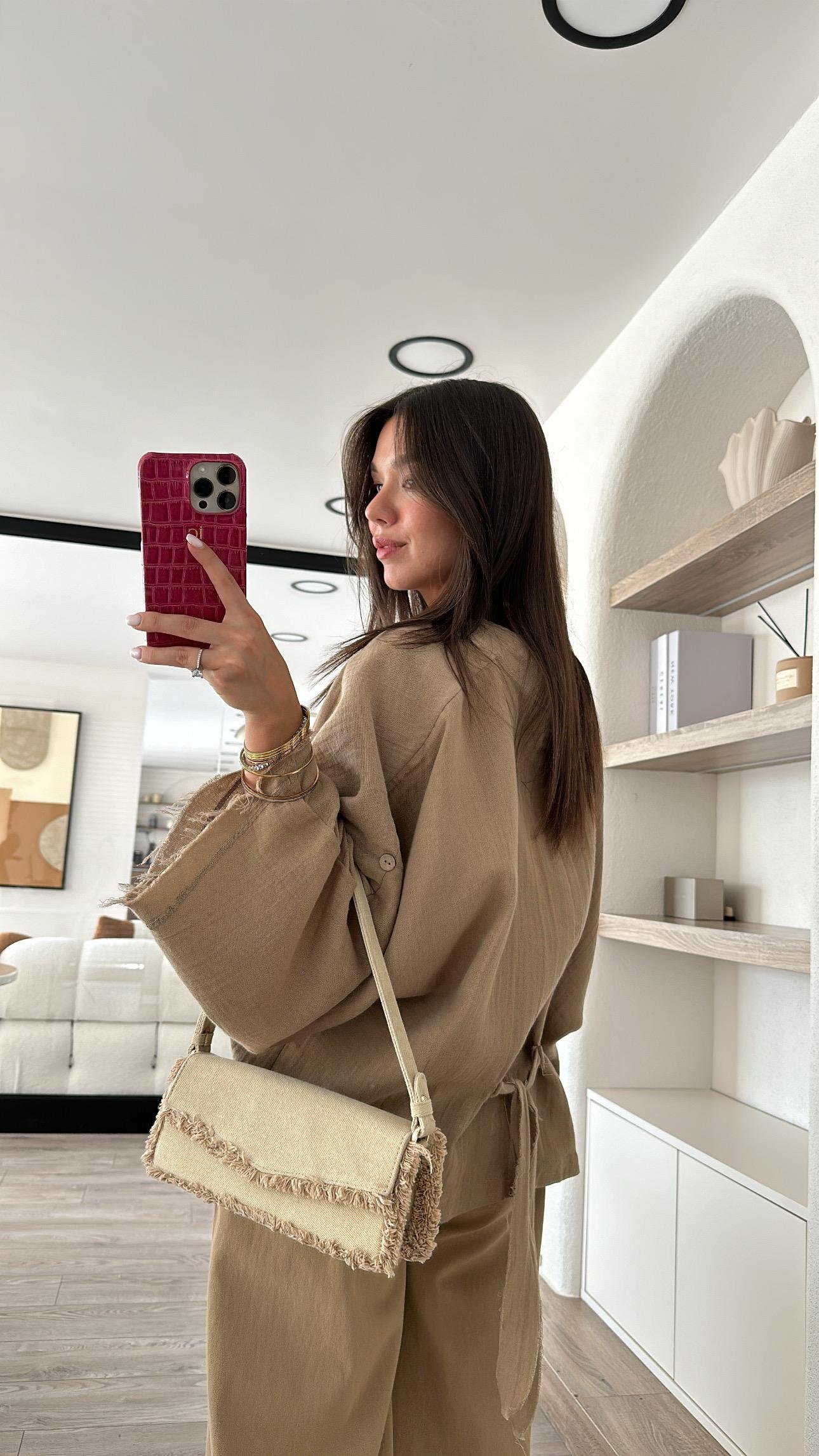 Kahve V Yaka Müslin Ceket