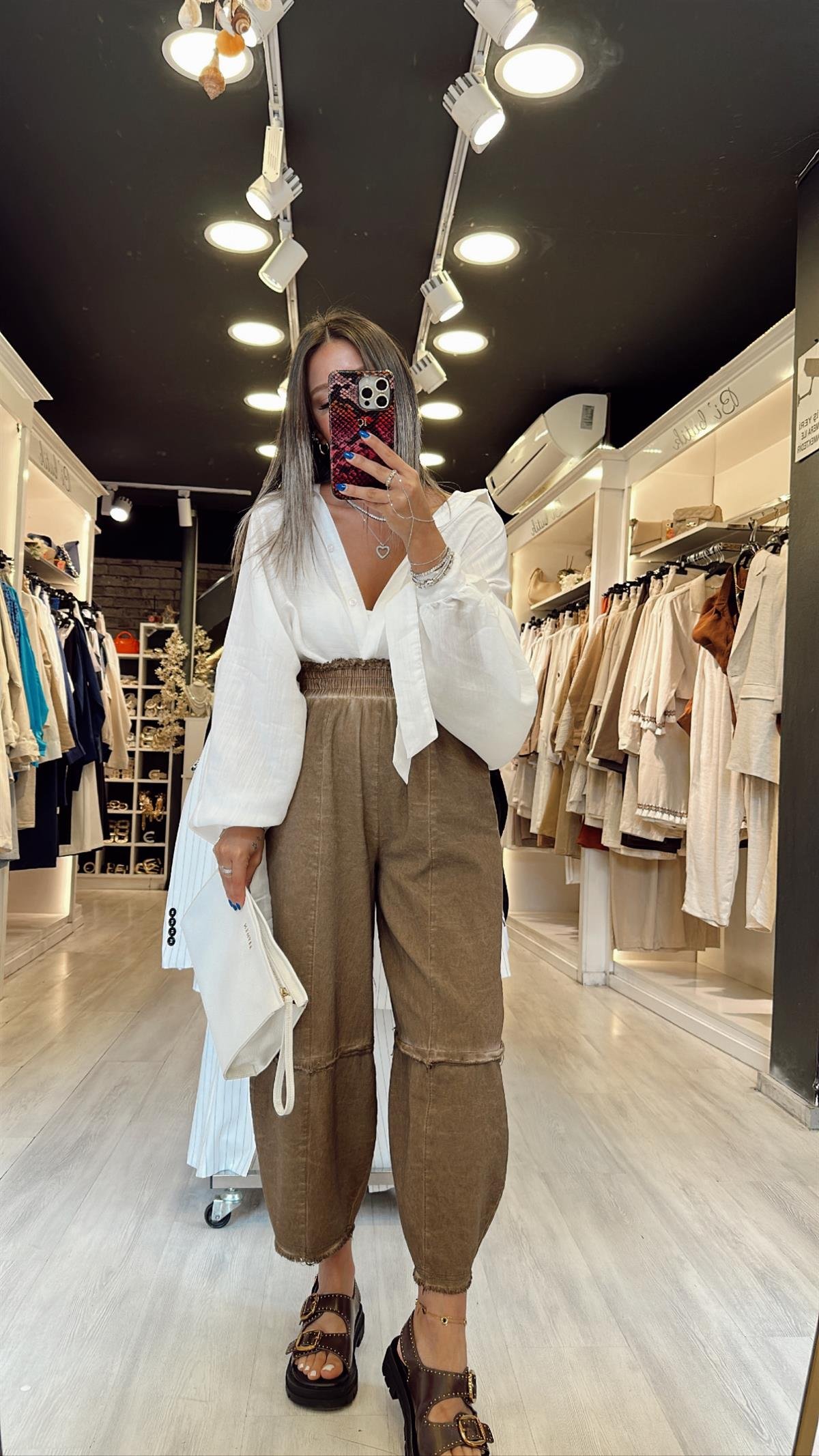 Kahve Yıkamalı Keten Şalvar Pantolon 