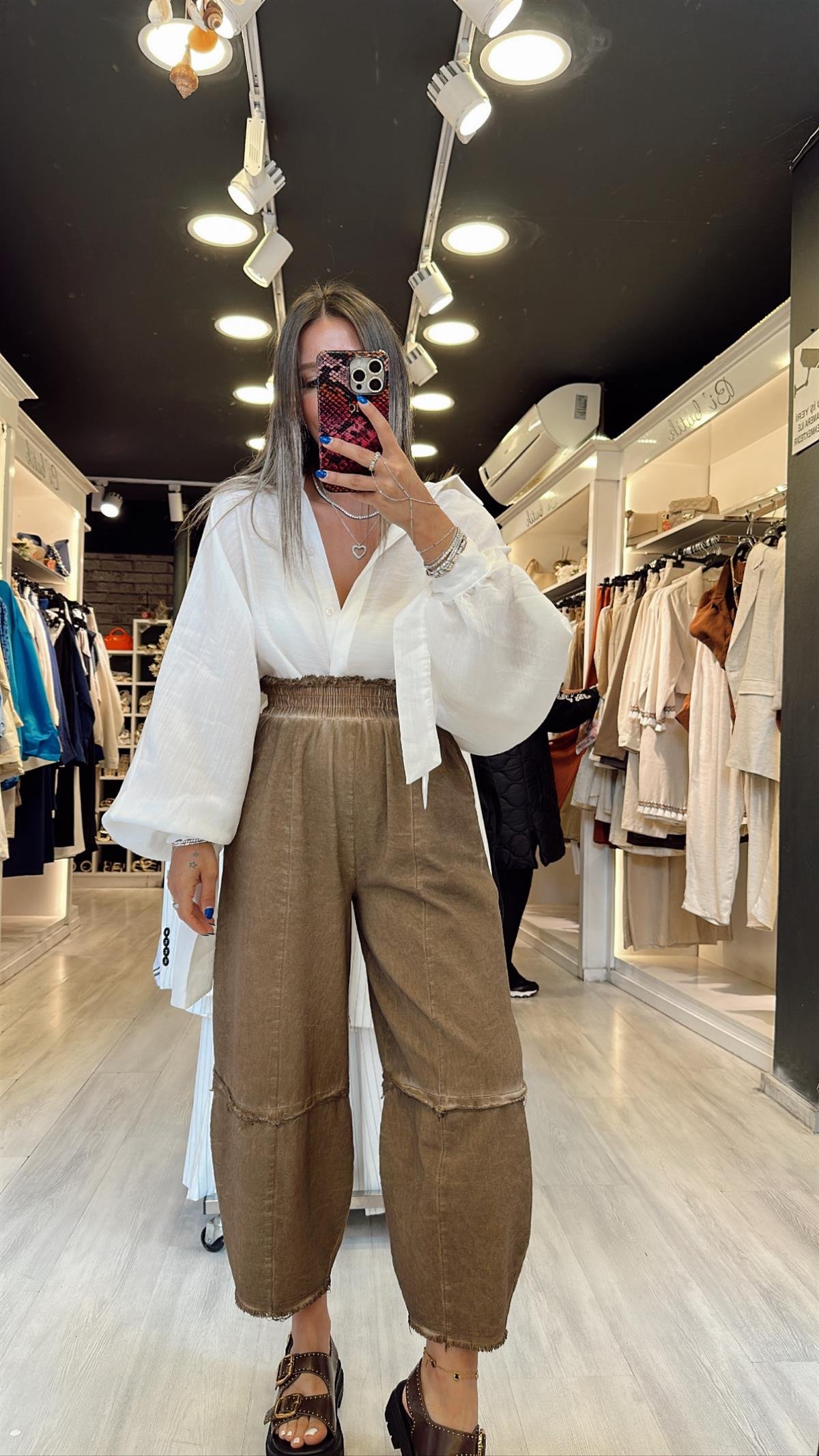 Kahve Yıkamalı Keten Şalvar Pantolon 