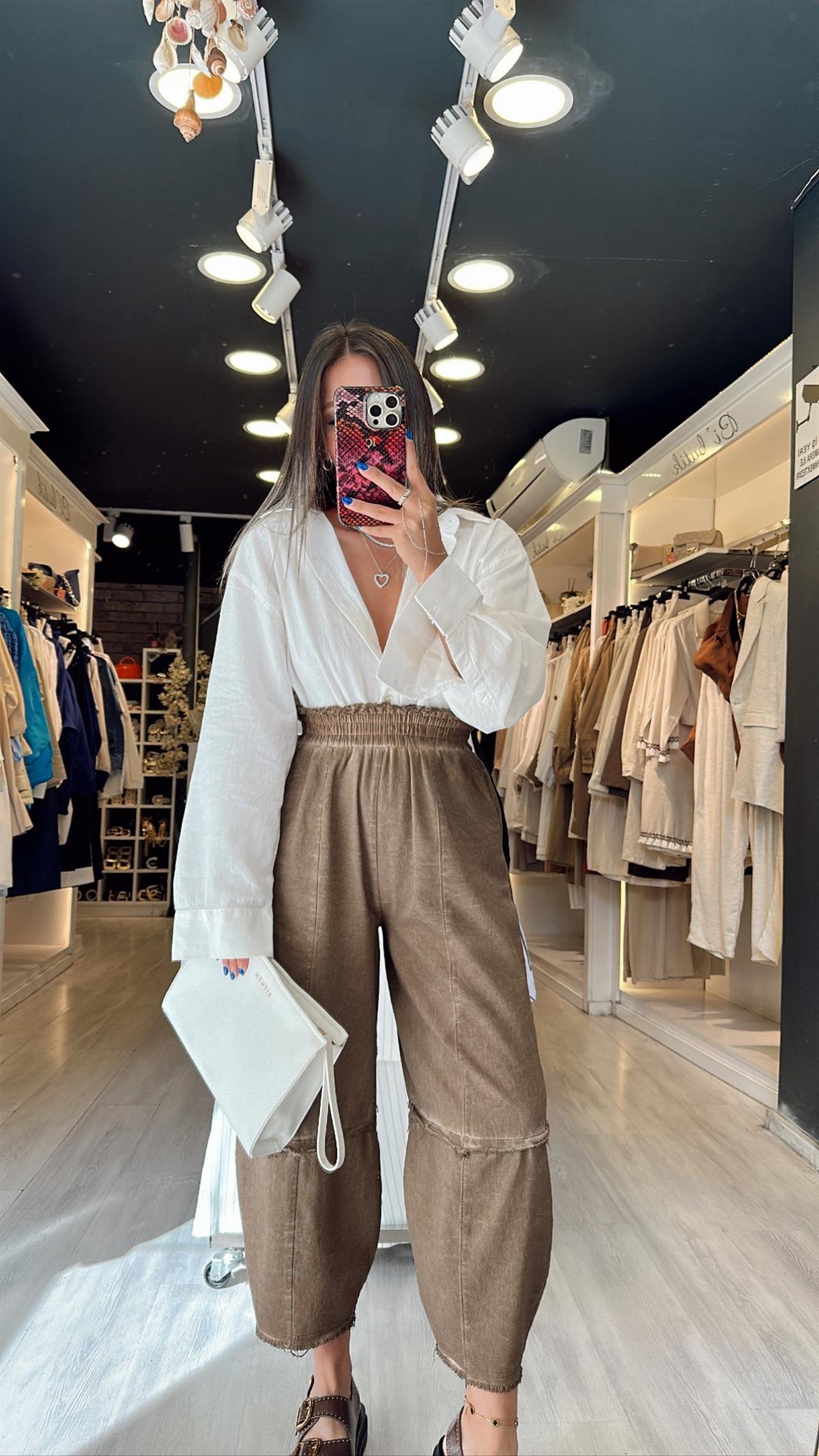 Kahve Yıkamalı Keten Şalvar Pantolon 