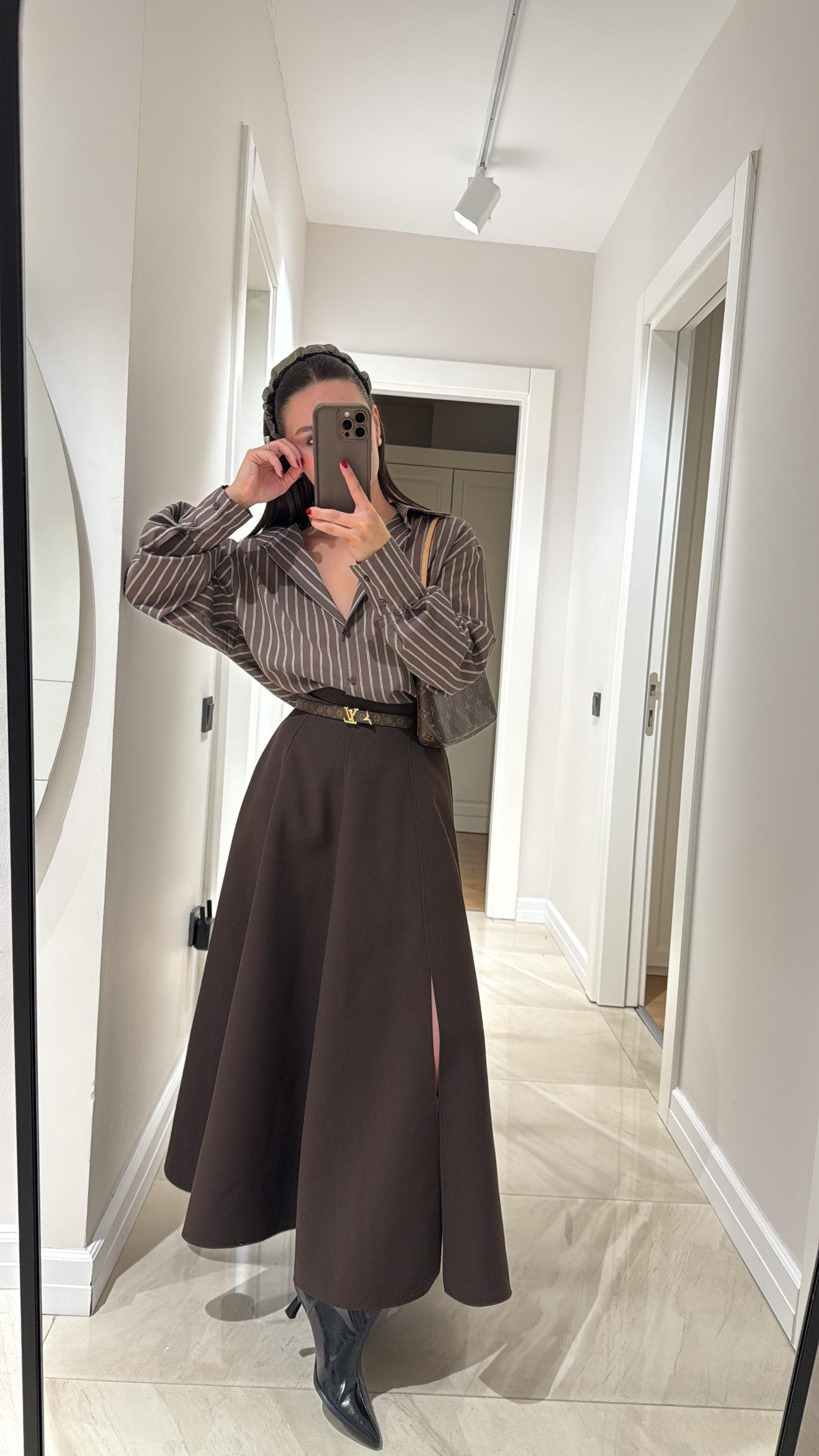 Kahve Yırtmaçlı Maxi Boy Etek 