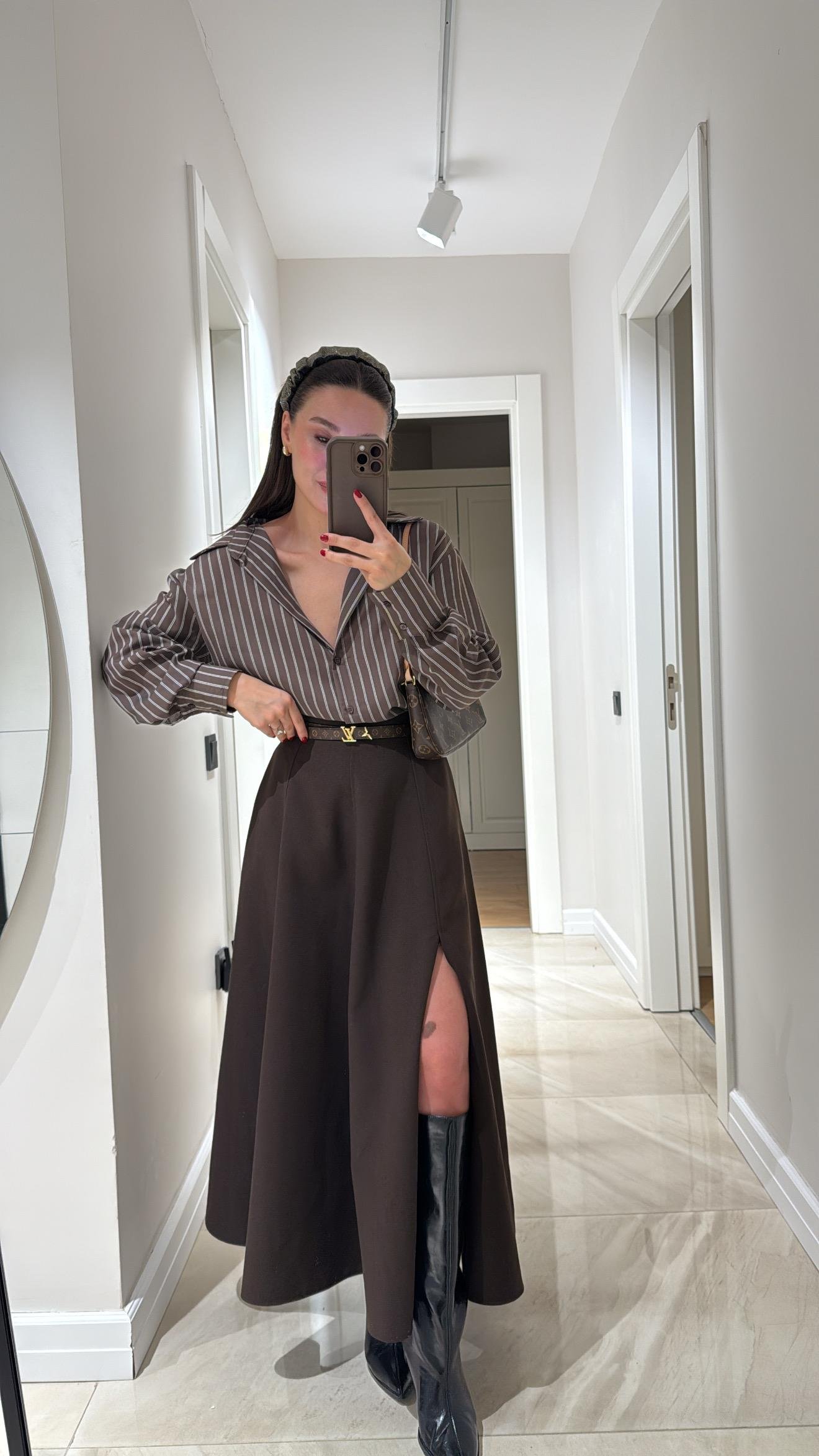 Kahve Yırtmaçlı Maxi Boy Etek 