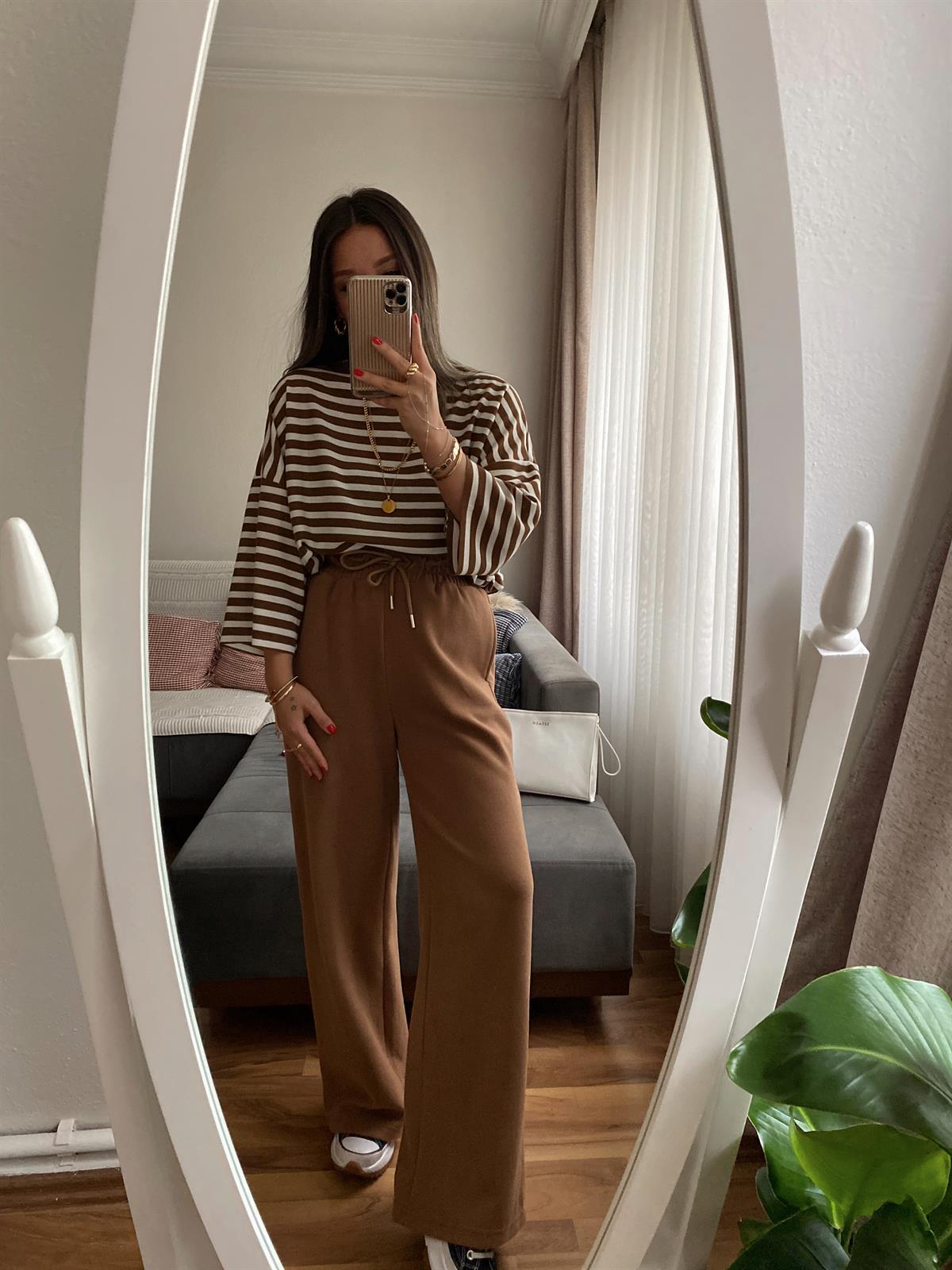 Kahverengi Beli Lastikli Bol Paça Pantolon