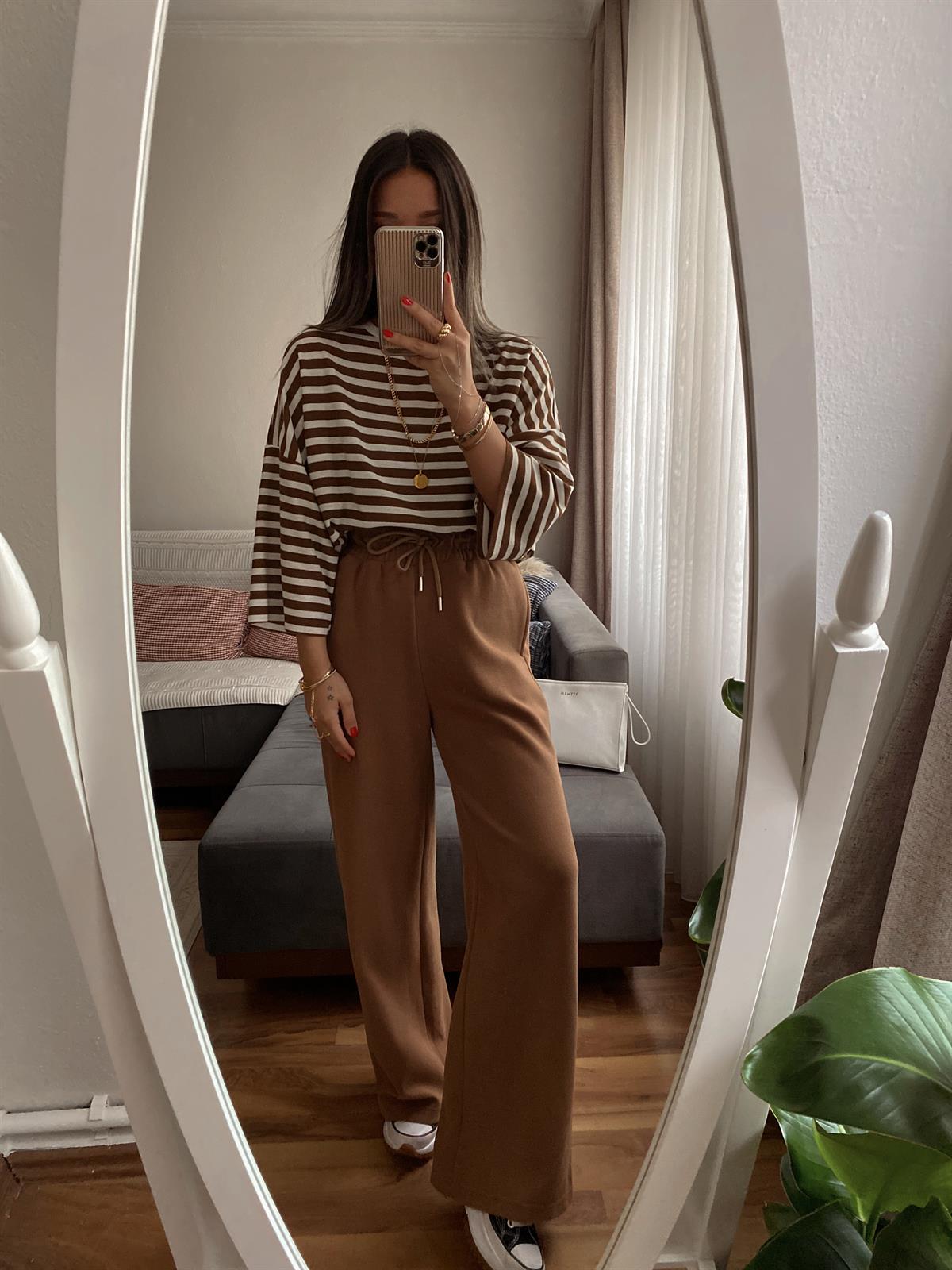 Kahverengi Beli Lastikli Bol Paça Pantolon