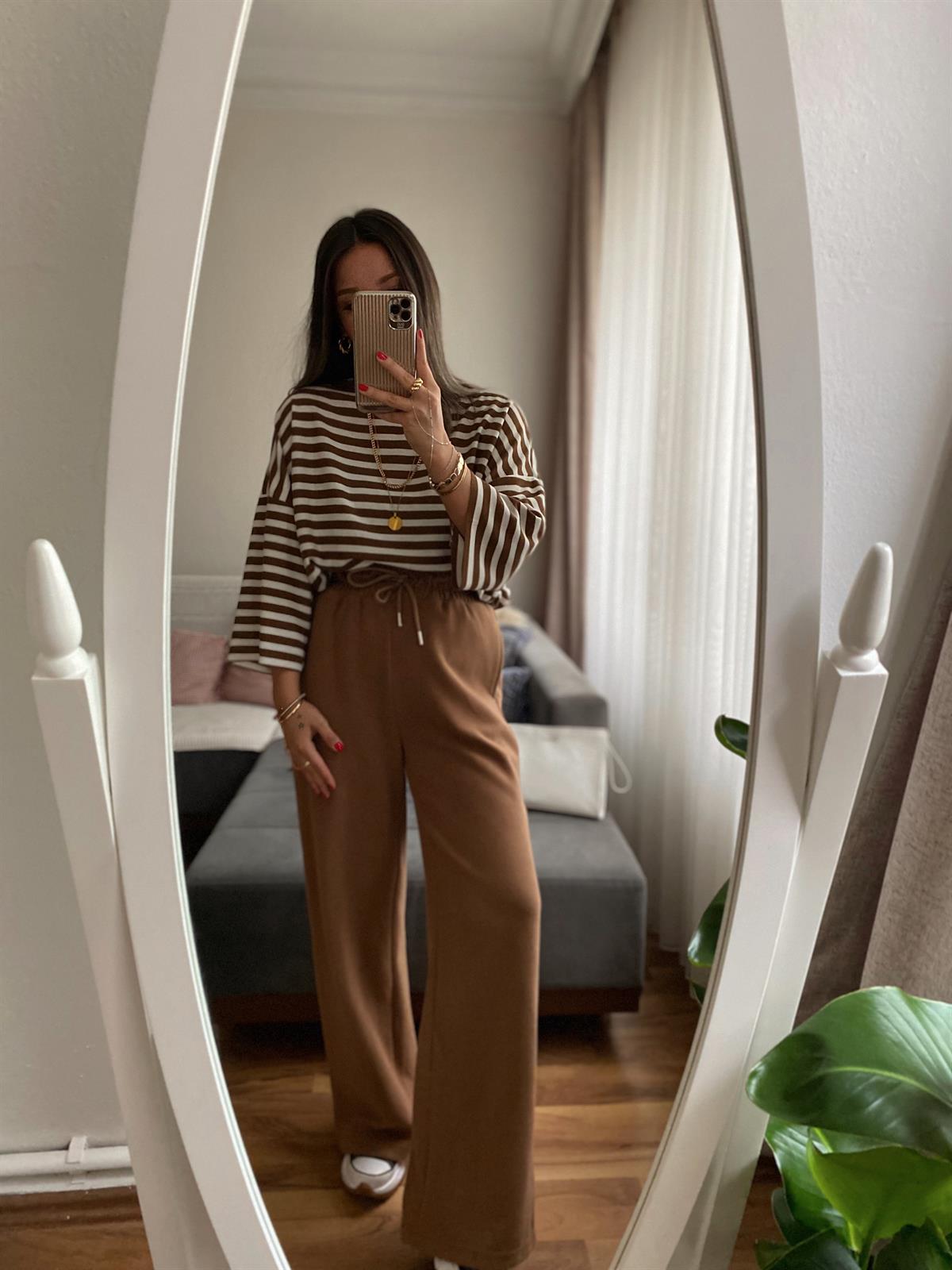 Kahverengi Beli Lastikli Bol Paça Pantolon
