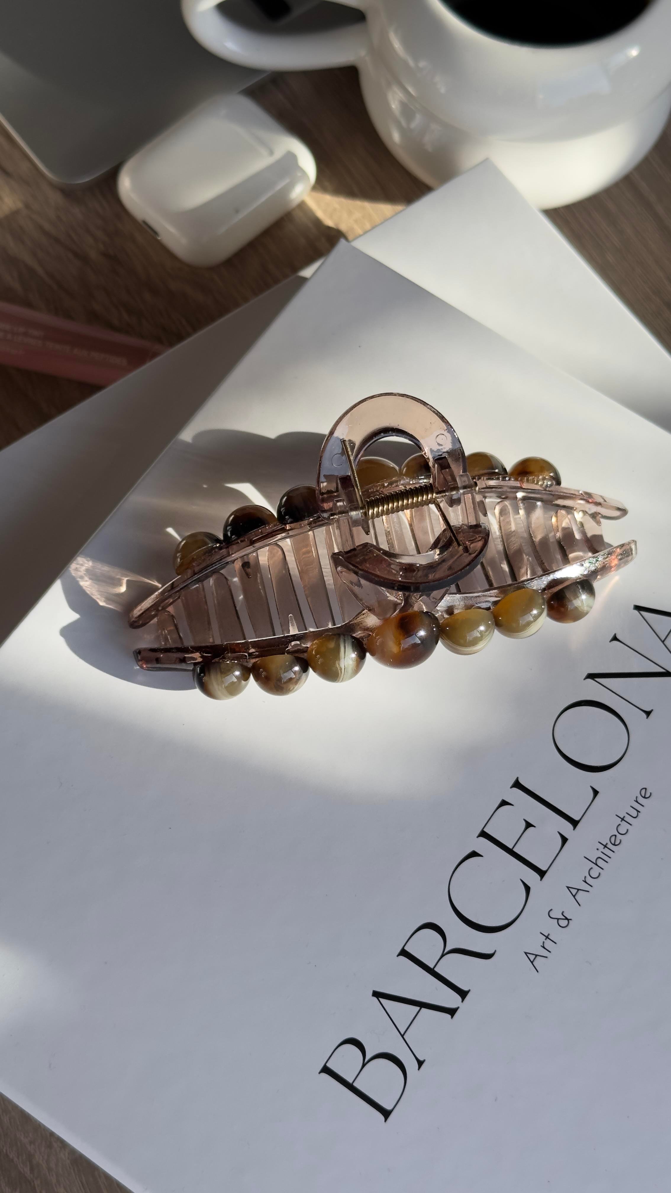 Kahverengi Boncuklu İnce Büyük Boy Kıskaçlı Toka