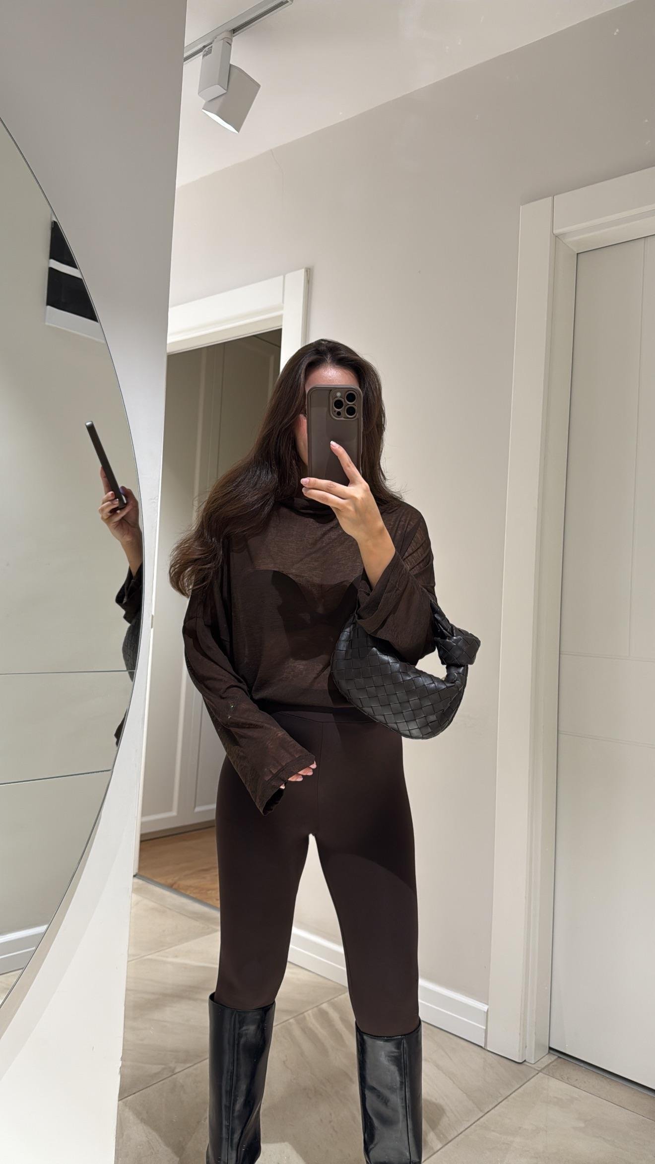 Kahverengi Yarım Balıkçı Transparan bluz 