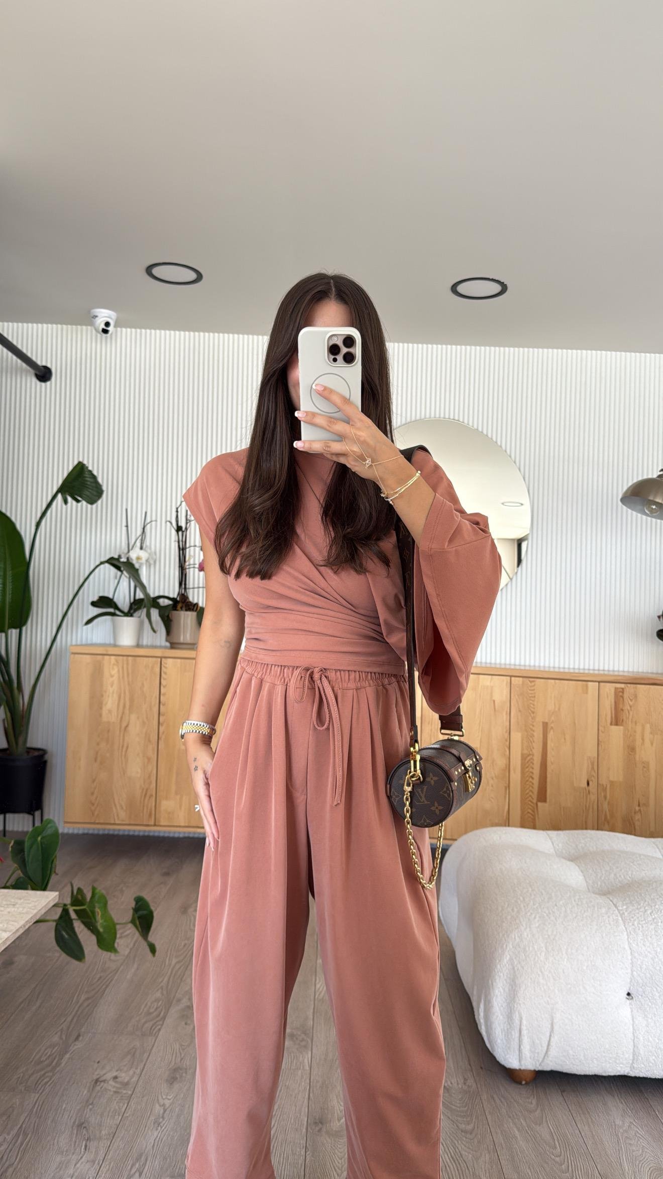 Kiremit Asimetrik Drapeli Şalvar Pantolon Takım