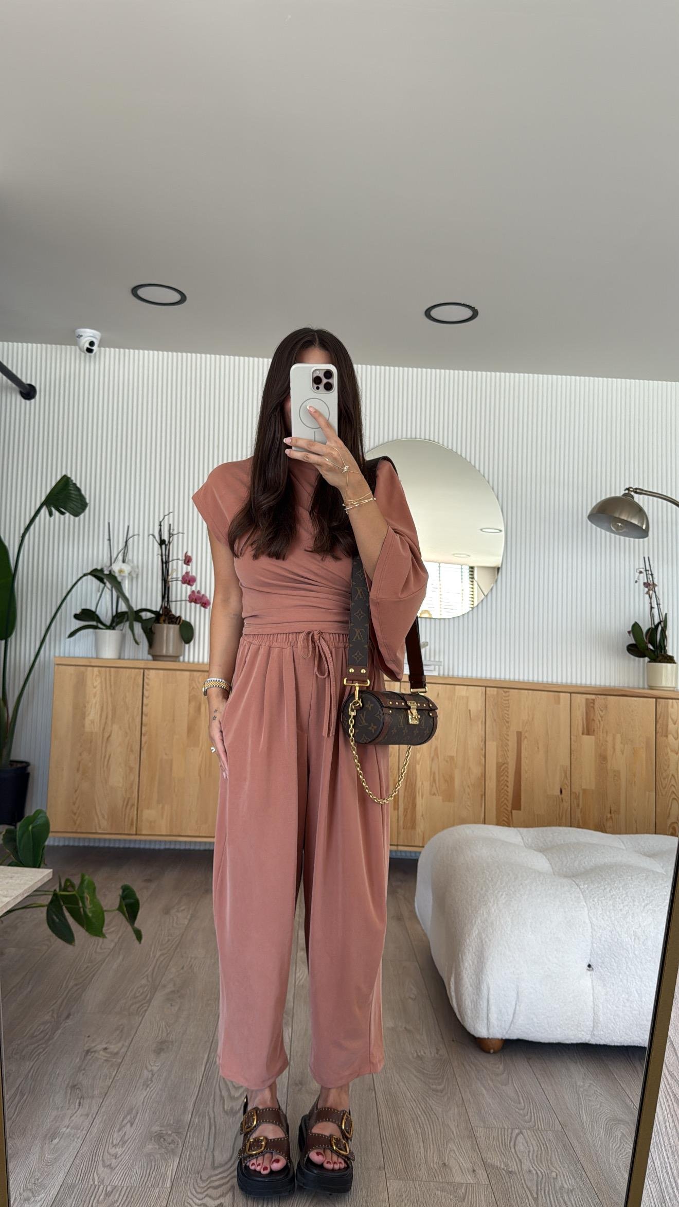 Kiremit Asimetrik Drapeli Şalvar Pantolon Takım