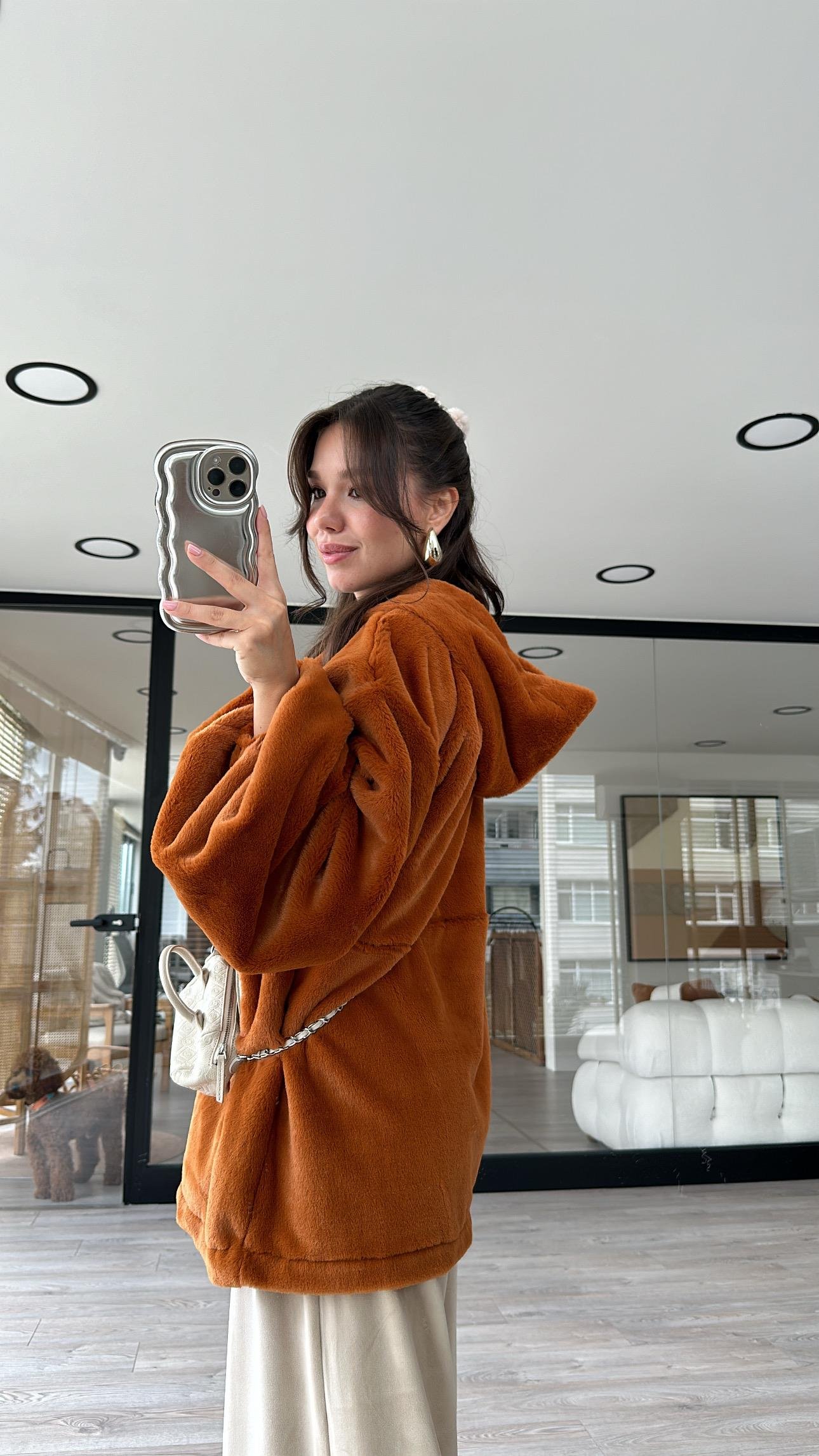 Kiremit Kapüşonlu Marka Model Peluş Sweat 