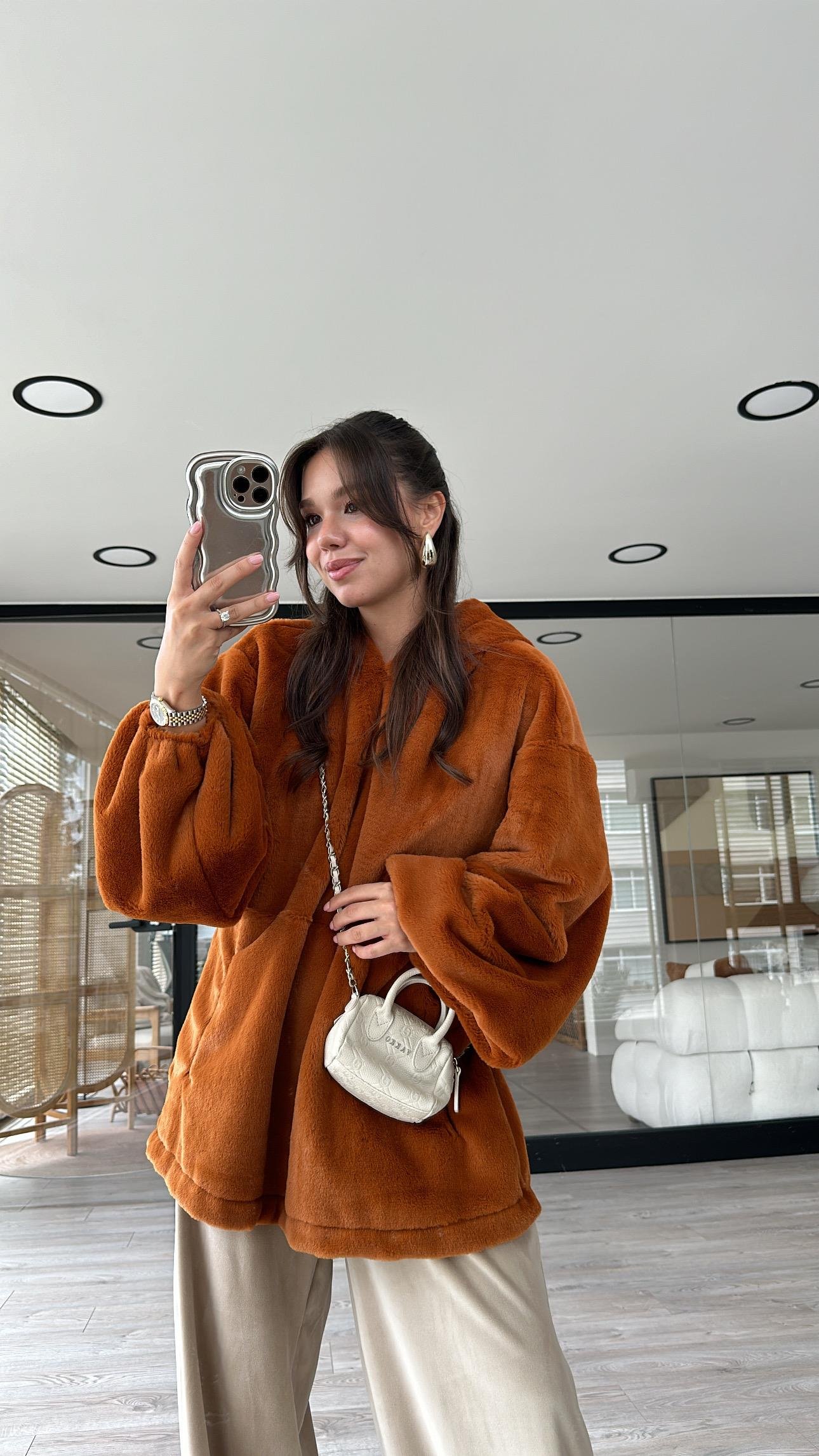 Kiremit Kapüşonlu Marka Model Peluş Sweat 