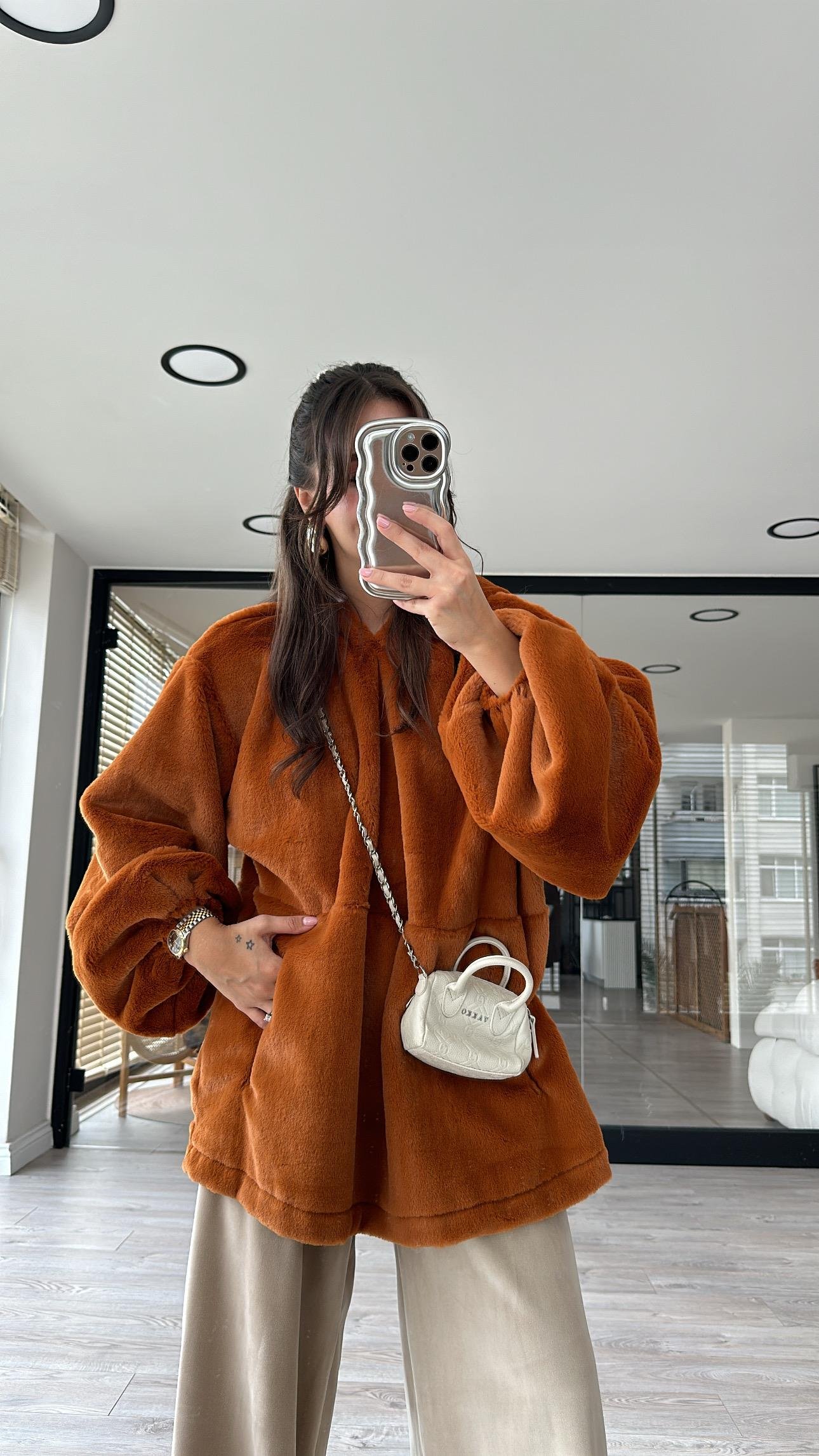 Kiremit Kapüşonlu Marka Model Peluş Sweat 