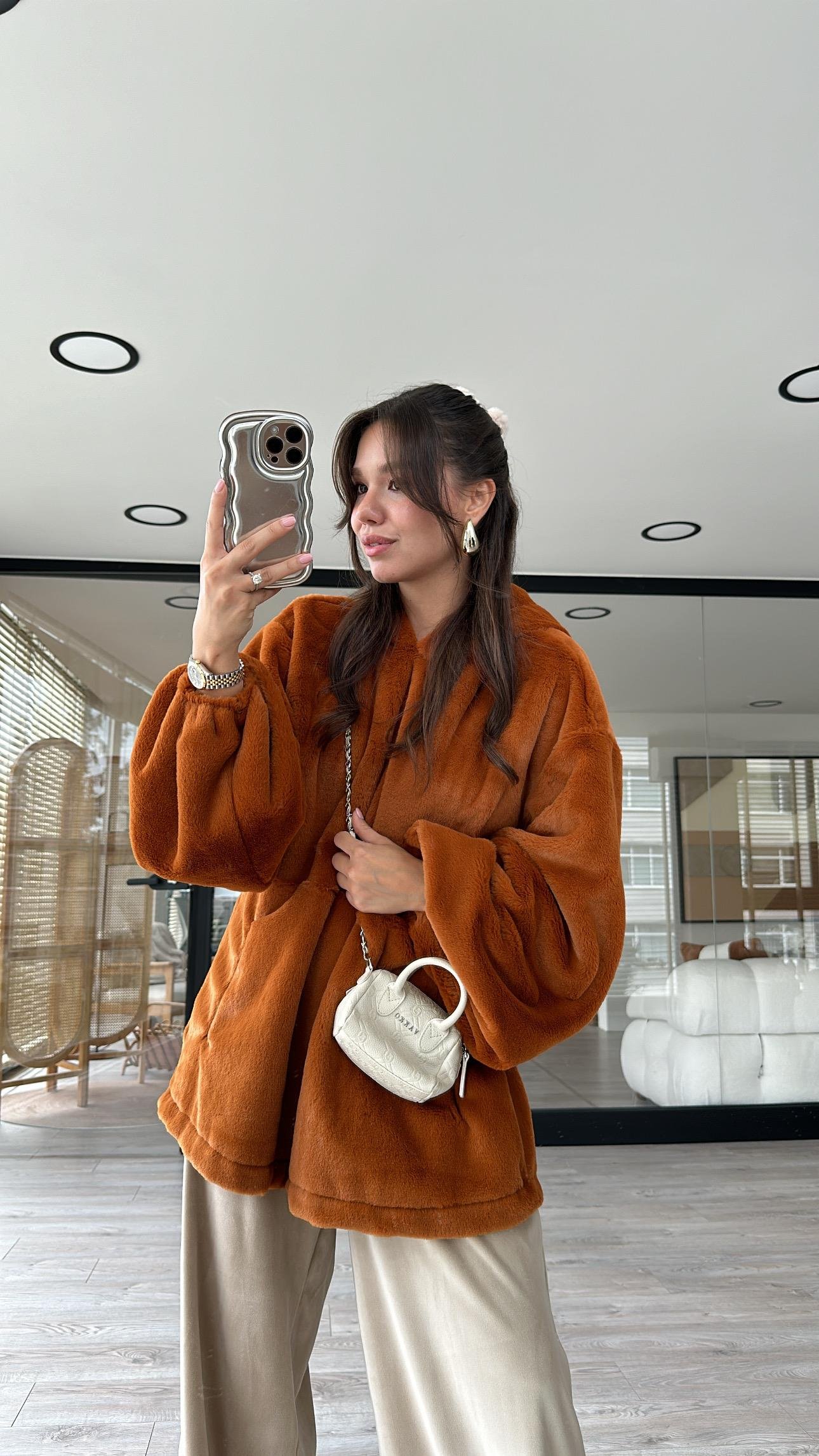 Kiremit Kapüşonlu Marka Model Peluş Sweat 