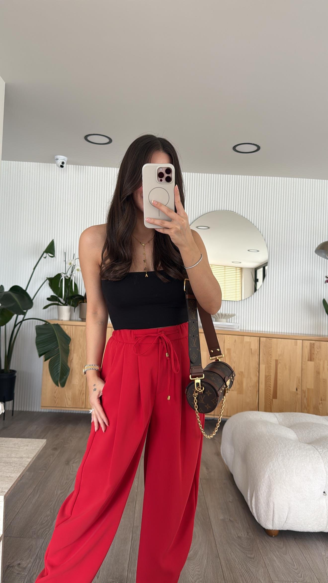 Kırmızı Bel Bağlamalı Şalvar Pantolon