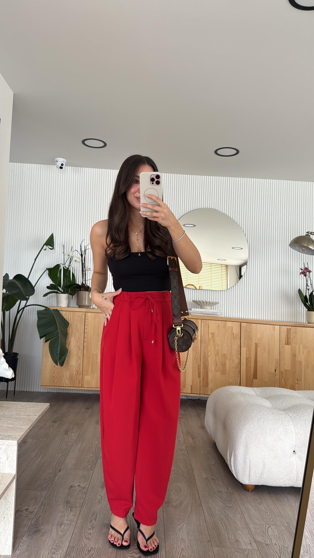 Kırmızı Bel Bağlamalı Şalvar Pantolon