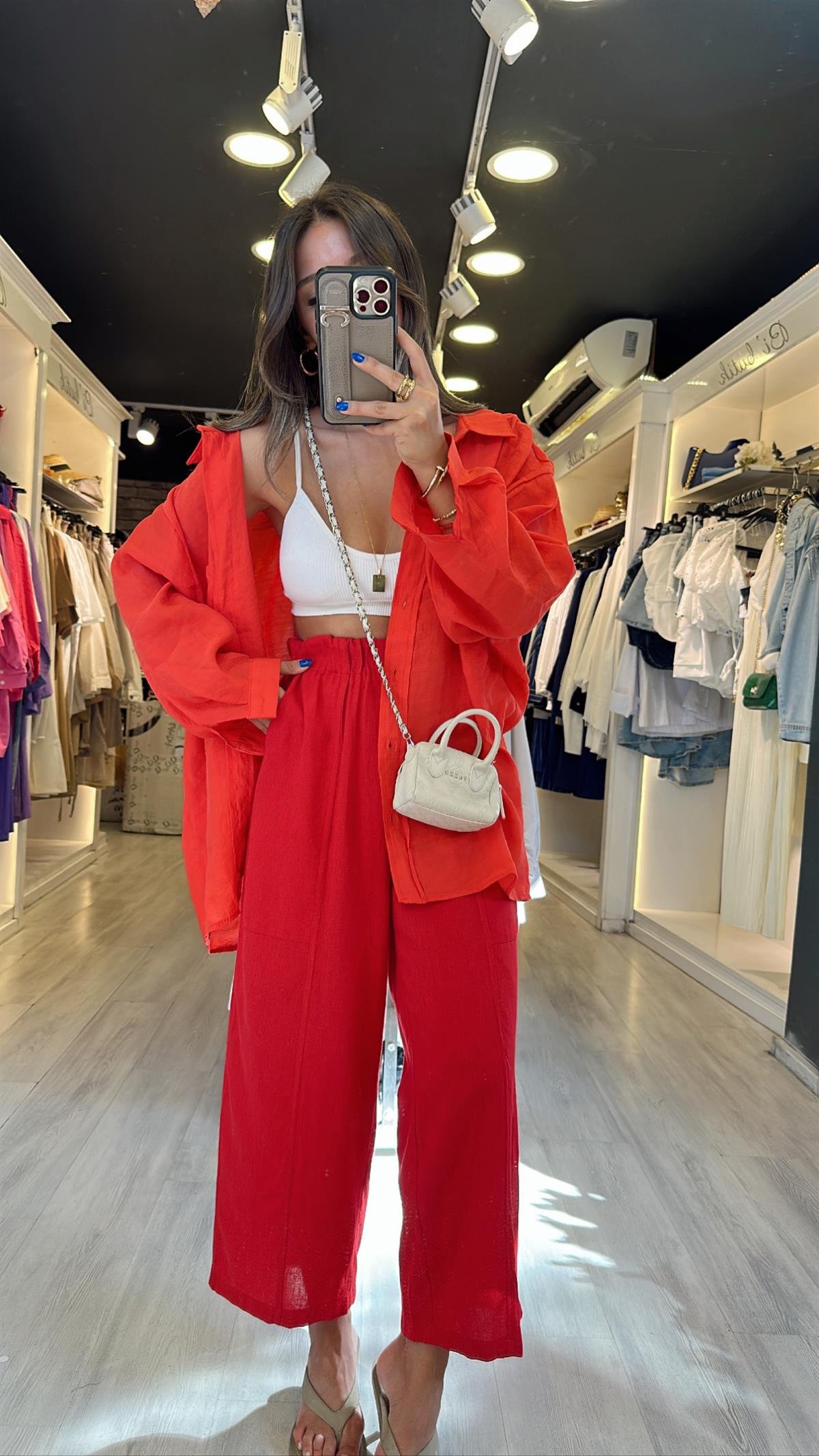 Kırmızı Beli Lastikli Marka Model Bol Paça Keten Pantolon 