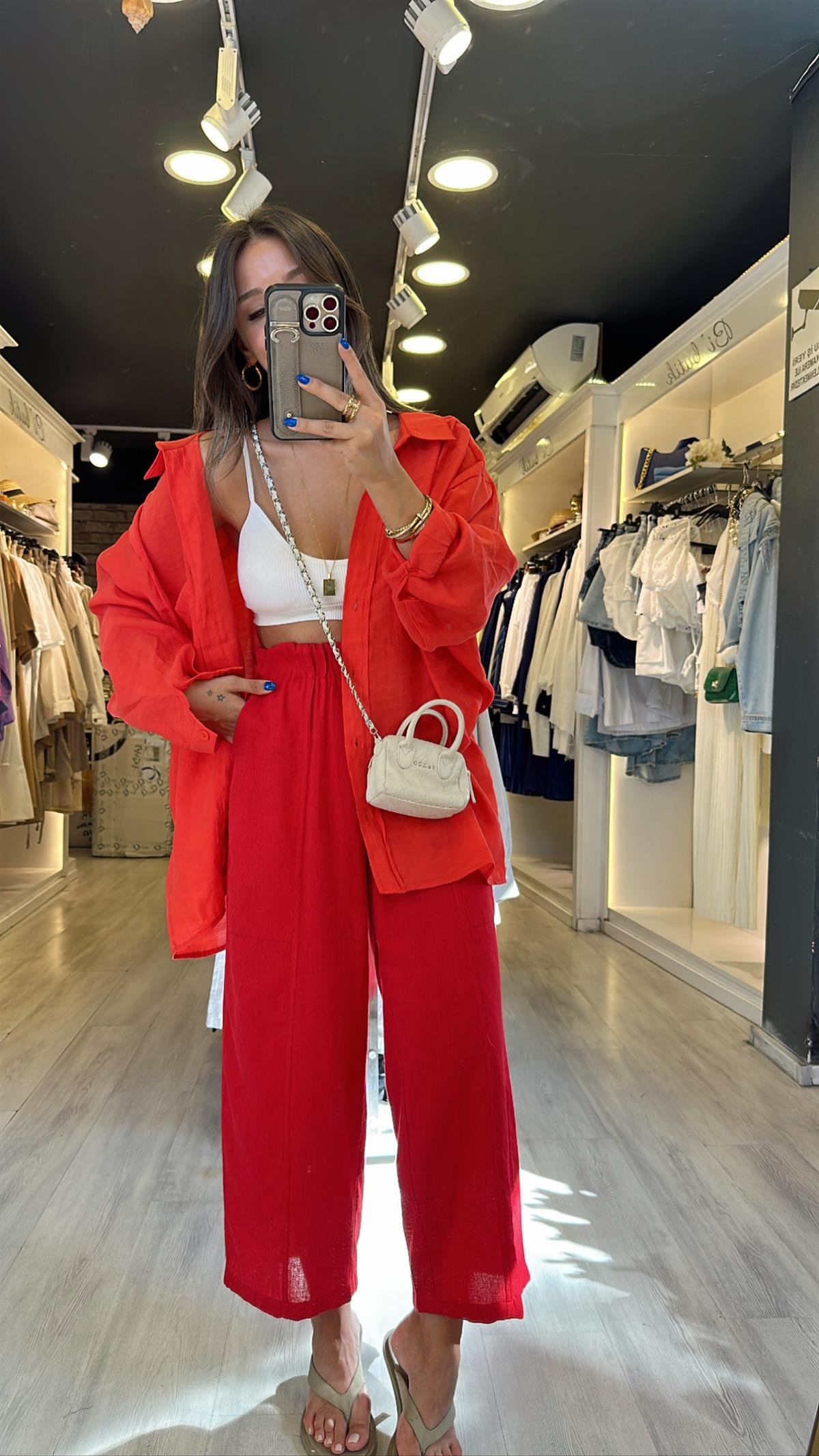 Kırmızı Beli Lastikli Marka Model Bol Paça Keten Pantolon 
