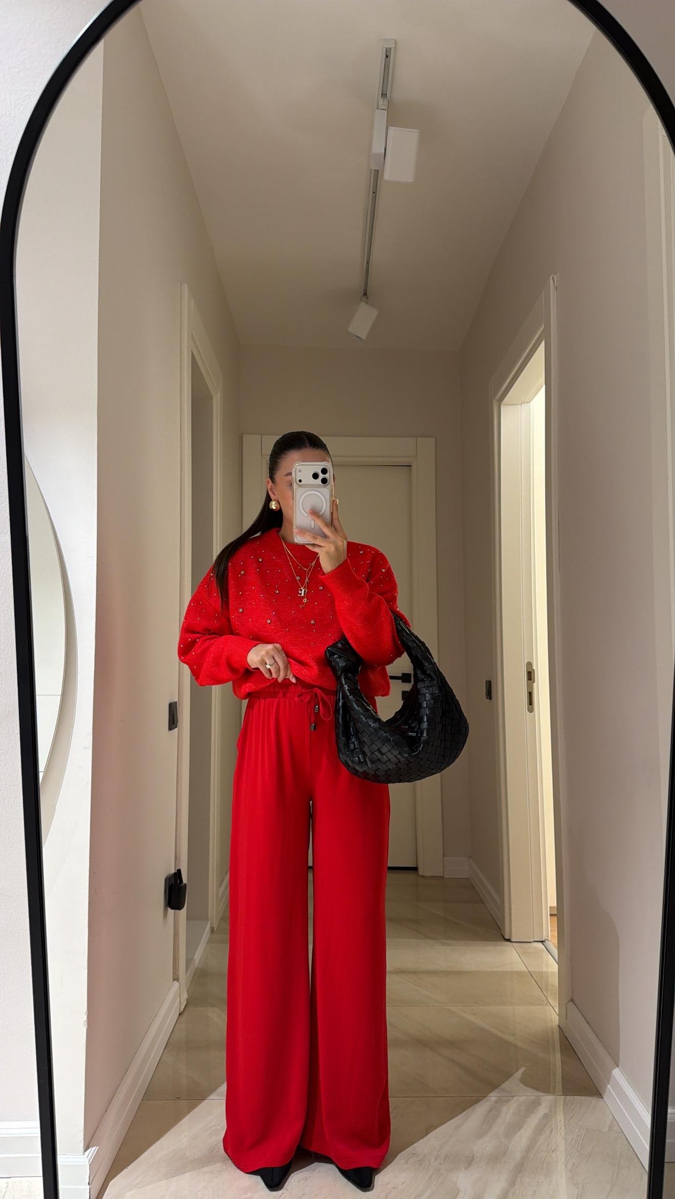 Kırmızı Bol Paça Tensel Pantolon