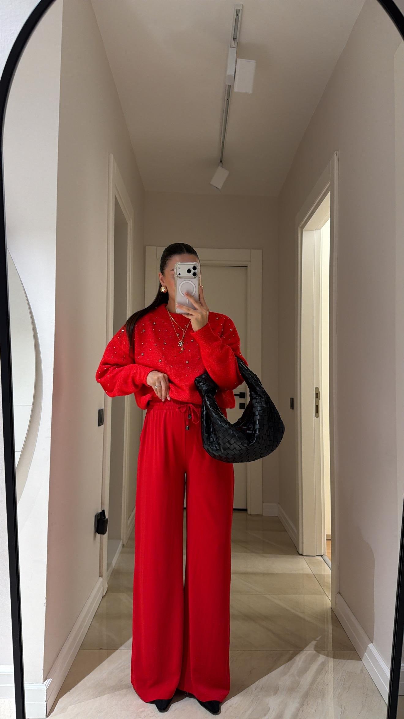 Kırmızı Bol Paça Tensel Pantolon