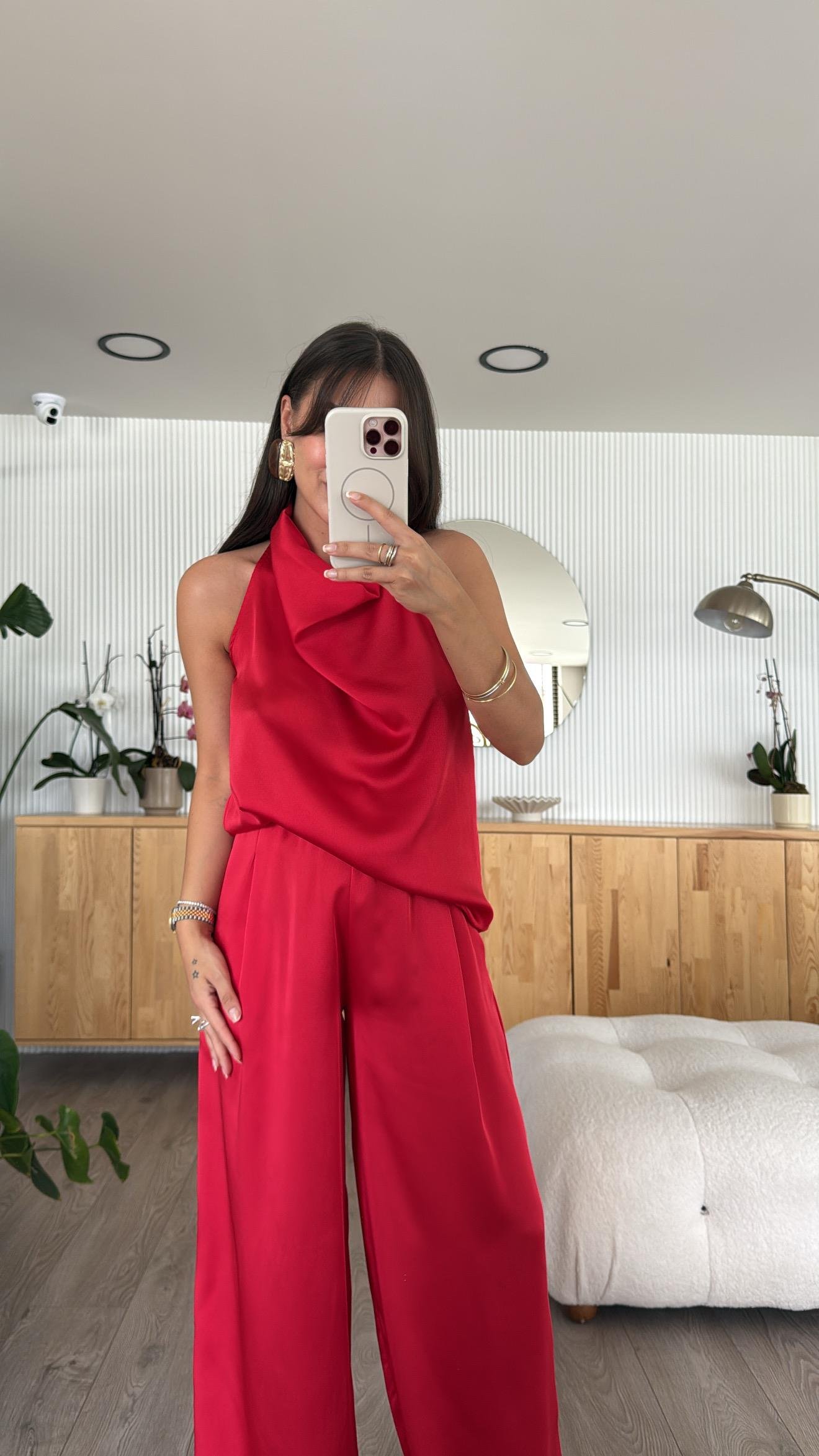 Kırmızı Drapeli Halter Yaka Pantolon Takım