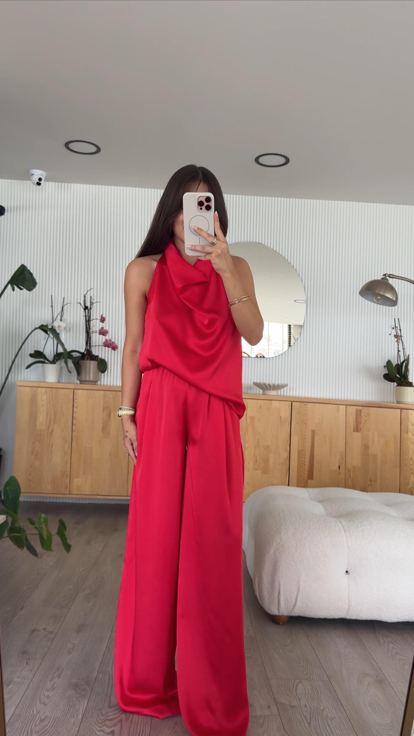 Kırmızı Drapeli Halter Yaka Pantolon Takım