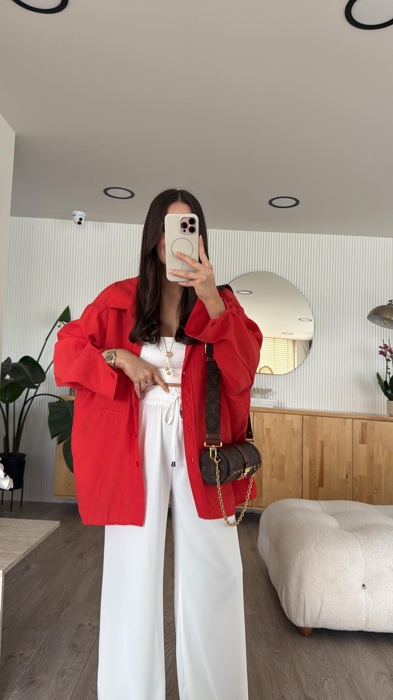 Kırmızı Tensel Kumaş Düşük Omuzlu Oversize Gömlek