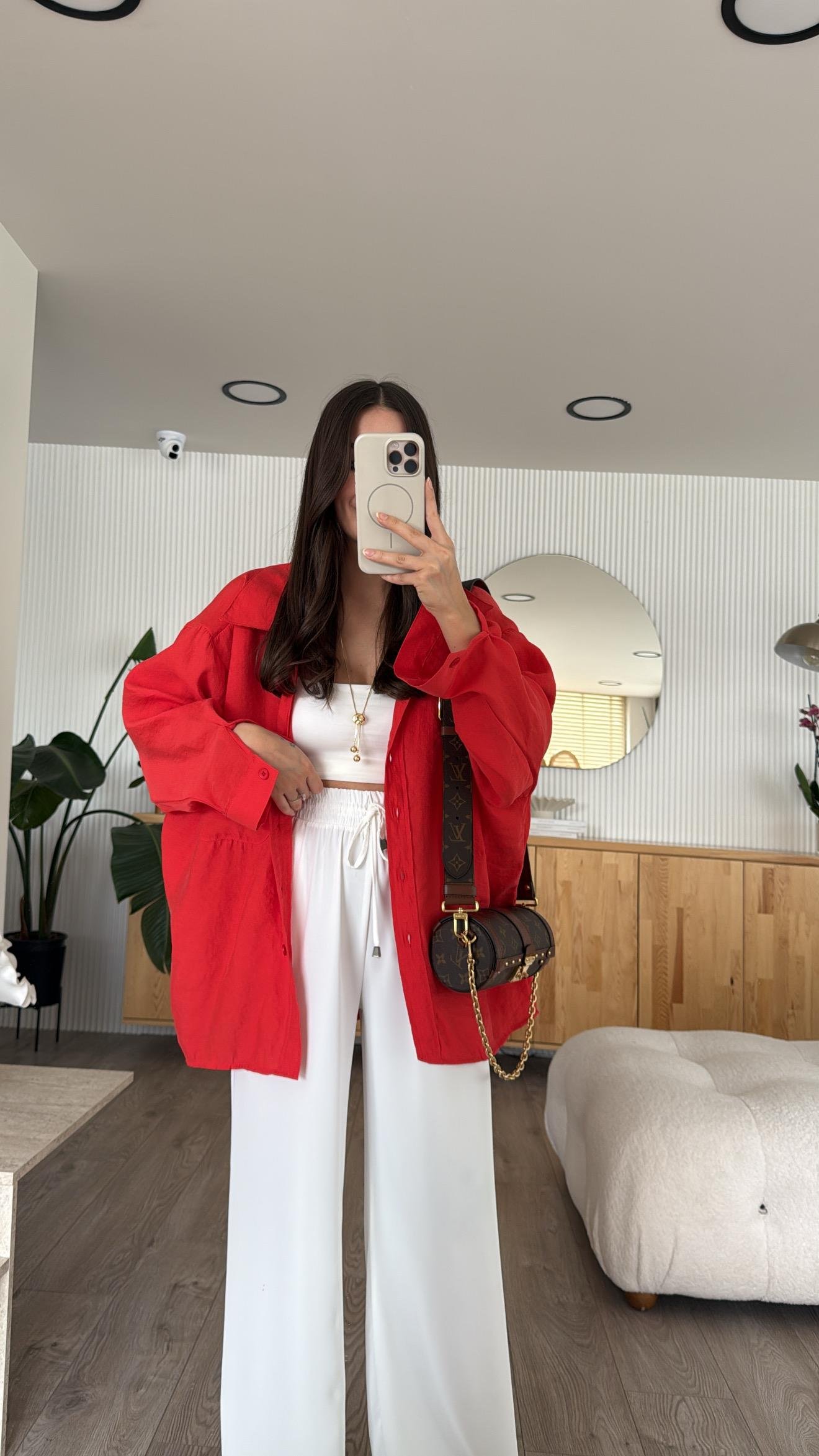 Kırmızı Tensel Kumaş Düşük Omuzlu Oversize Gömlek